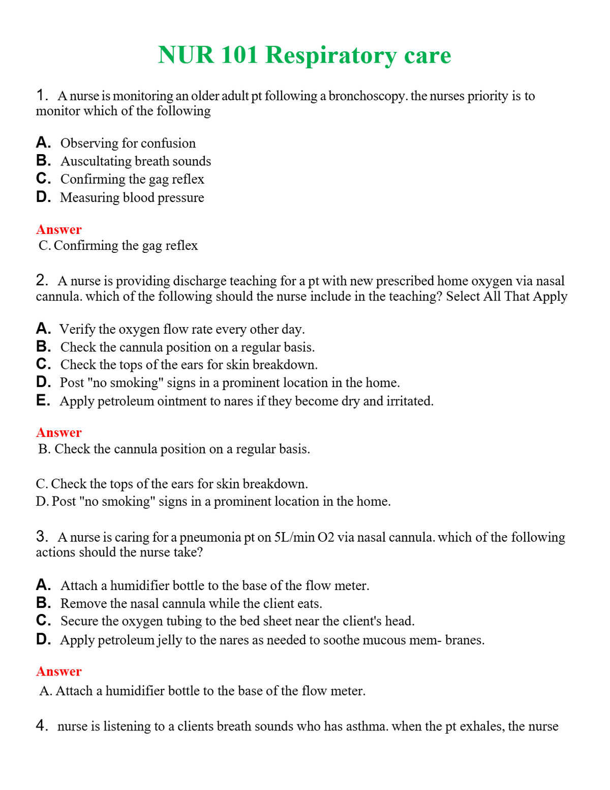 NUR 101 RESPIRATORY CARE | PASSED | A+ RATED GUIDE | NEW FULL EXAM