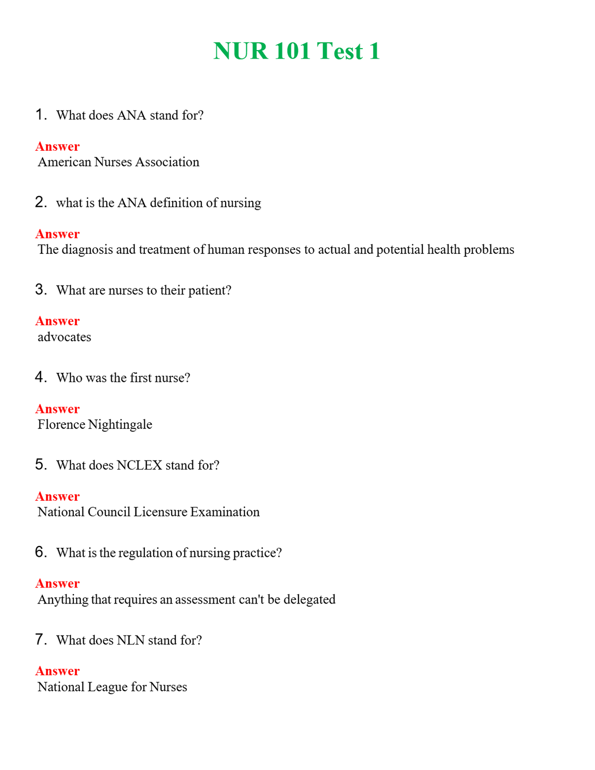 NUR 101 TEST 1 | GRADED A+ QUESTIONS & ANSWERS