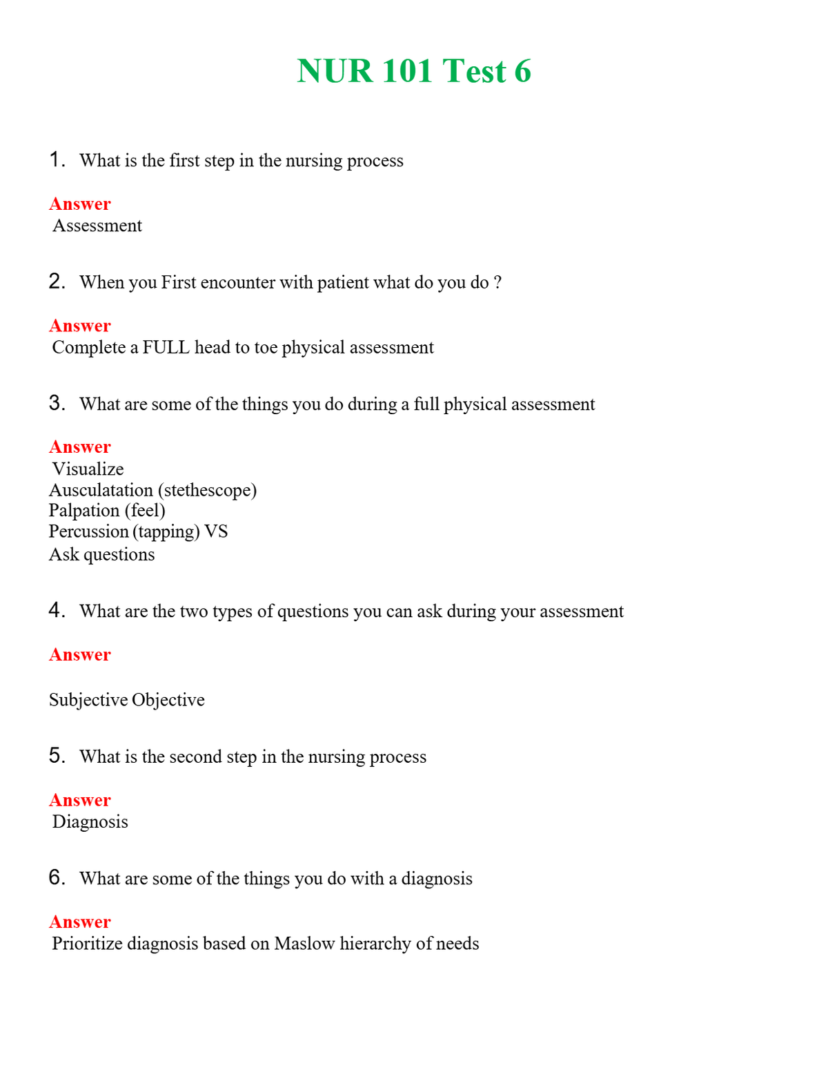 NUR 101 TEST 6 | QUESTIONS AND ANSWERS INCLUDED