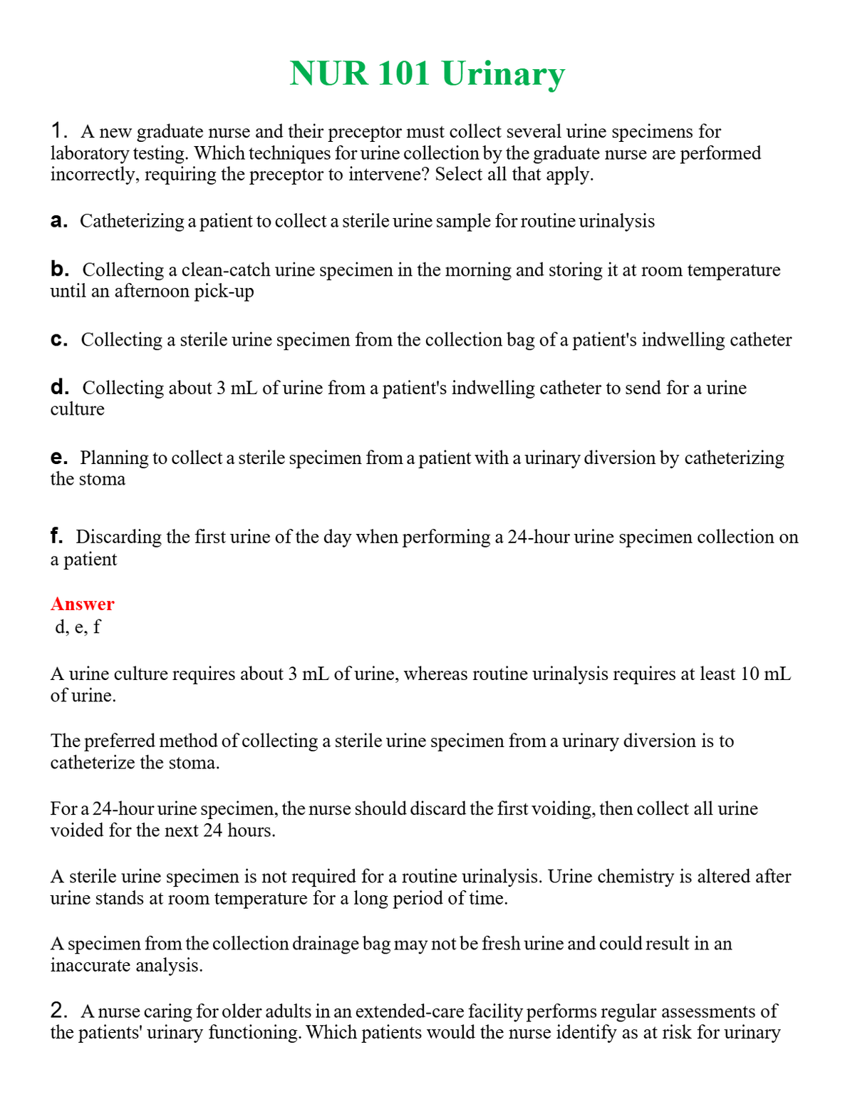 NUR 101 URINARY | COMPLETE QUESTIONS & ANSWERS (SOLVED) 100% CORRECT