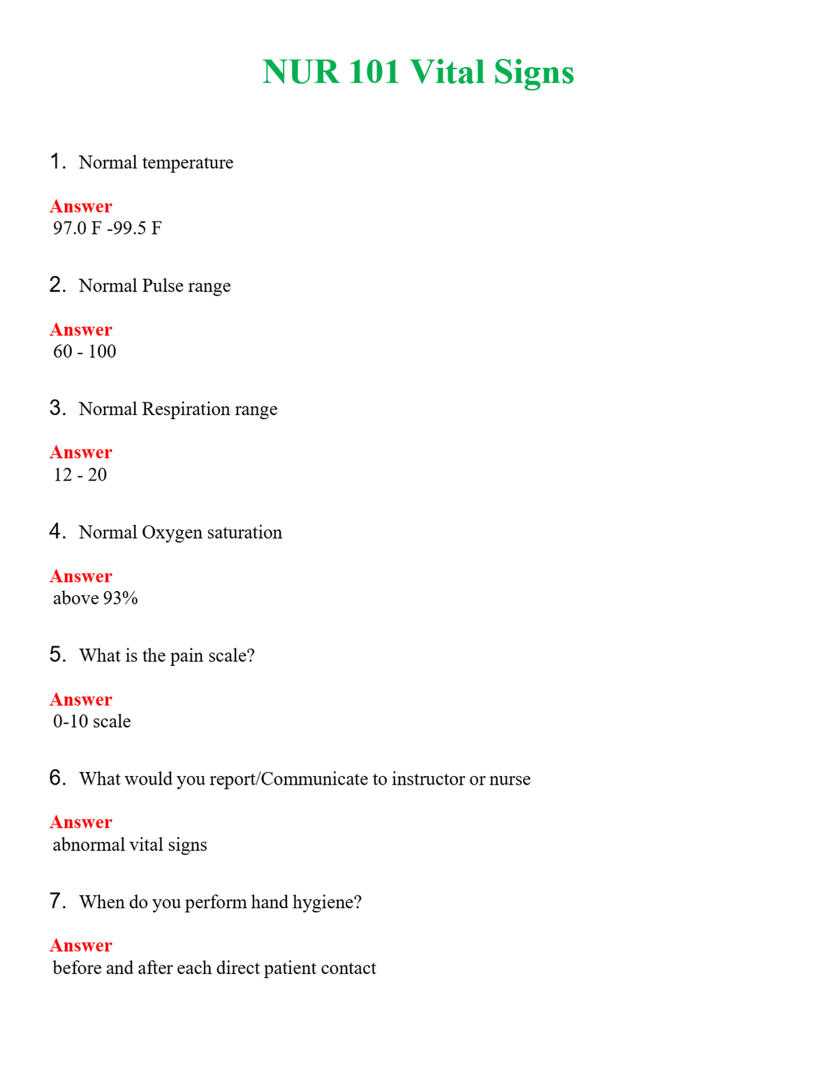 NUR 101 VITAL SIGNS | QUESTIONS AND ANSWERS INCLUDED