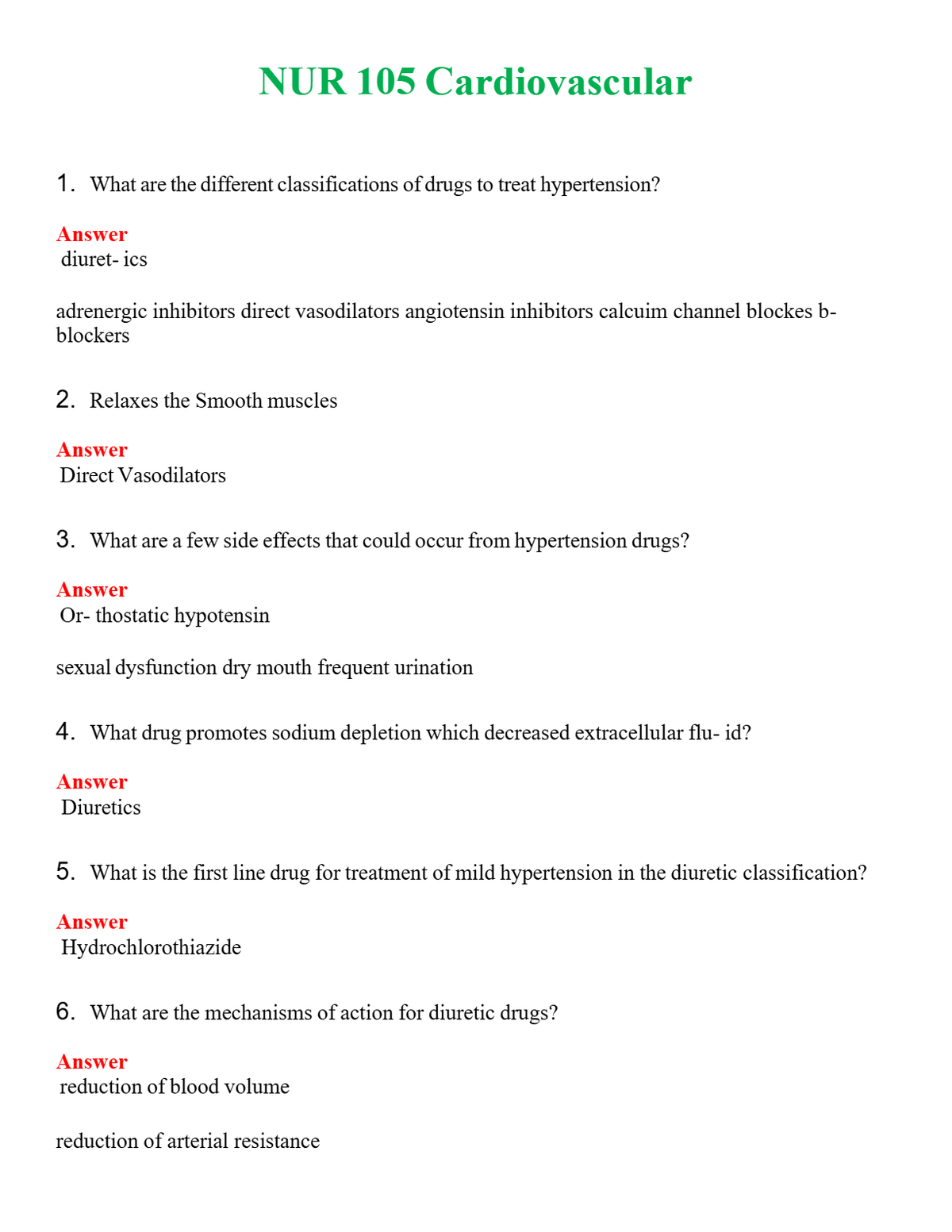 NUR 105 CARDIOVASCULAR | COMPLETE QUESTIONS & ANSWERS (SOLVED) 100% CORRECT