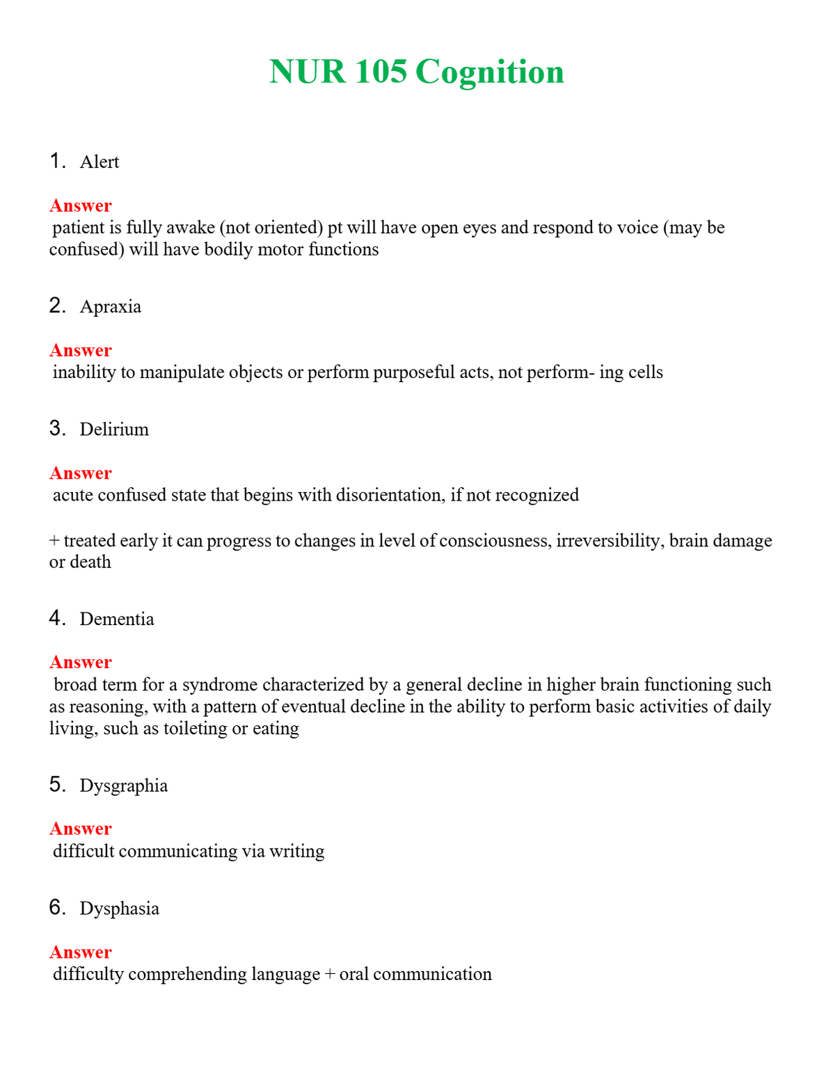 NUR 105 COGNITION | QUESTIONS AND ANSWERS INCLUDED