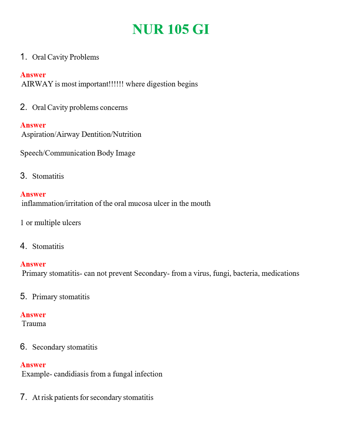 NUR 105 GI | WITH 100% VERIFIED ANSWERS