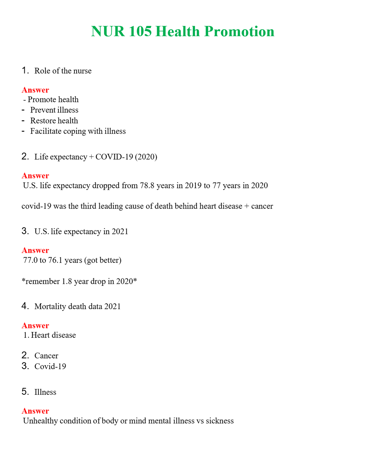 NUR 105 HEALTH PROMOTION | A+ RATED GUIDE | QUESTIONS AND ANSWERS (SOLVED)