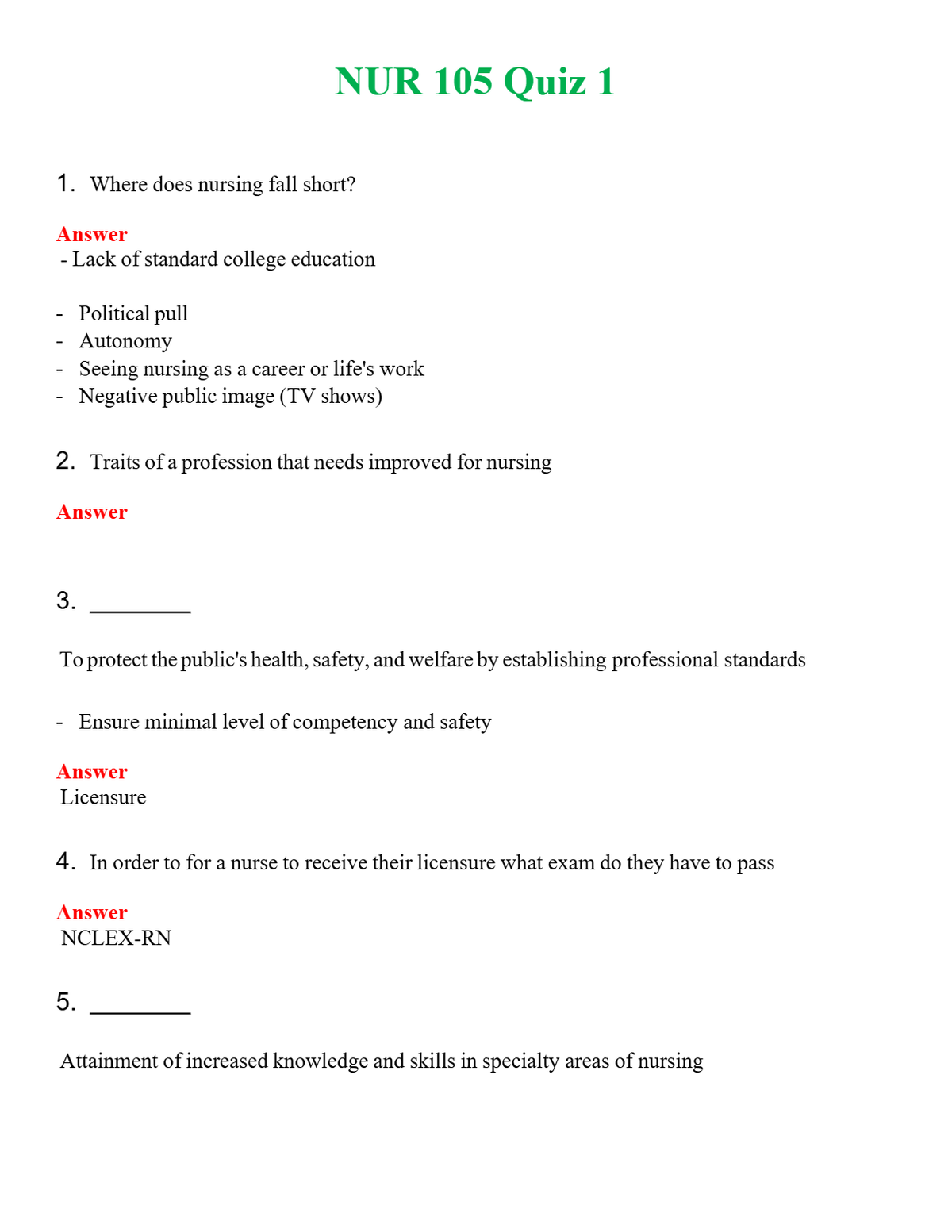 NUR 105 QUIZ 1 | COMPLETE QUESTIONS & ANSWERS (SOLVED) 100% CORRECT