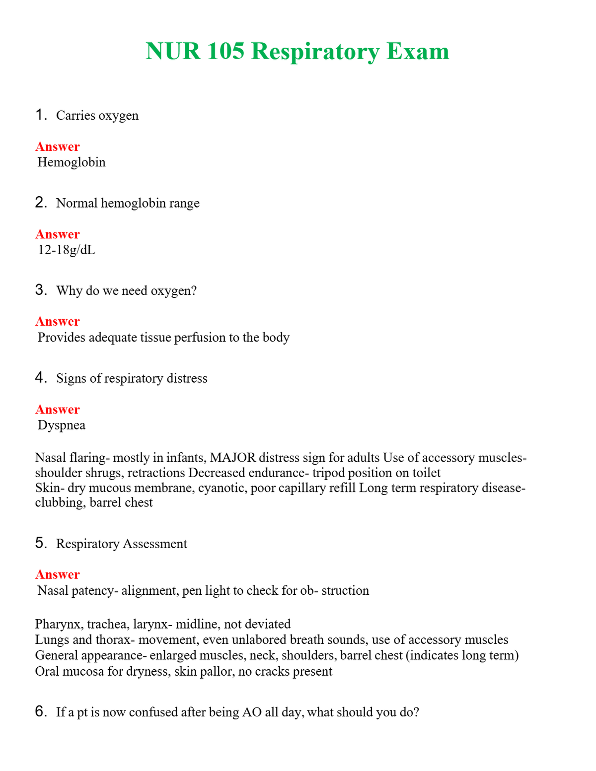NUR 105 RESPIRATORY EXAM | COMPLETE ANSWERS 100% CORRECT