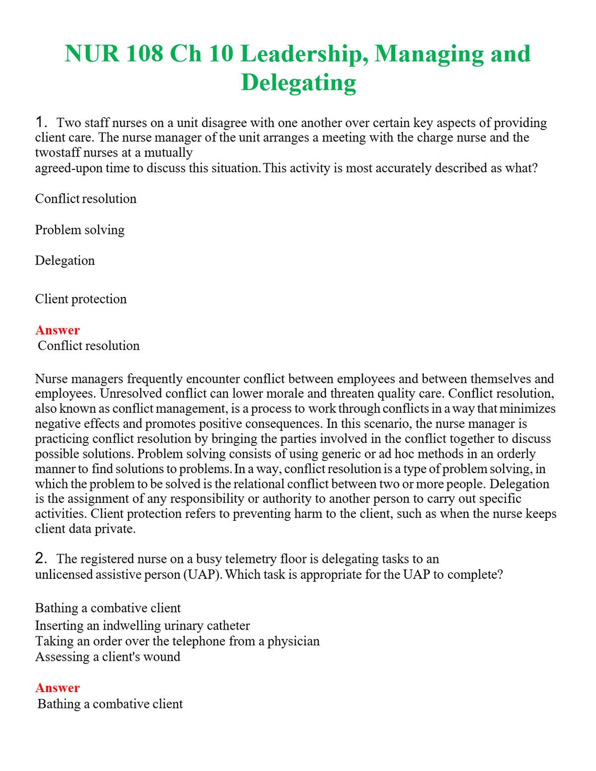 NUR 108 CH 10 LEADERSHIP, MANAGING AND DELEGATING | WITH 100% VERIFIED ANSWERS