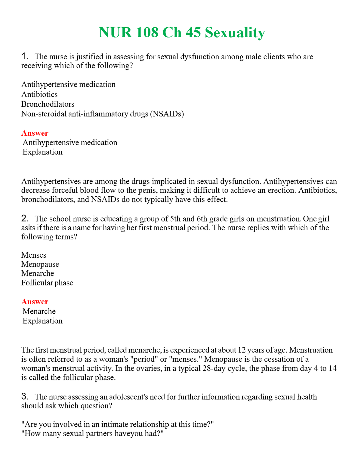 NUR 108 CH 45 SEXUALITY | QUESTIONS & ANSWERS (SOLVED)