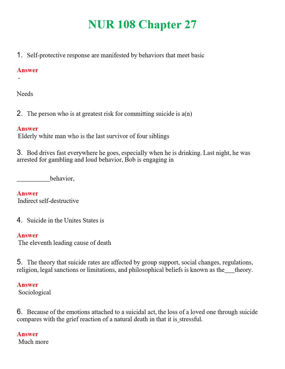 NUR 108 CHAPTER 27 | (ACTUAL EXAM ) QUESTIONS AND ANSWERS (SOLVED)