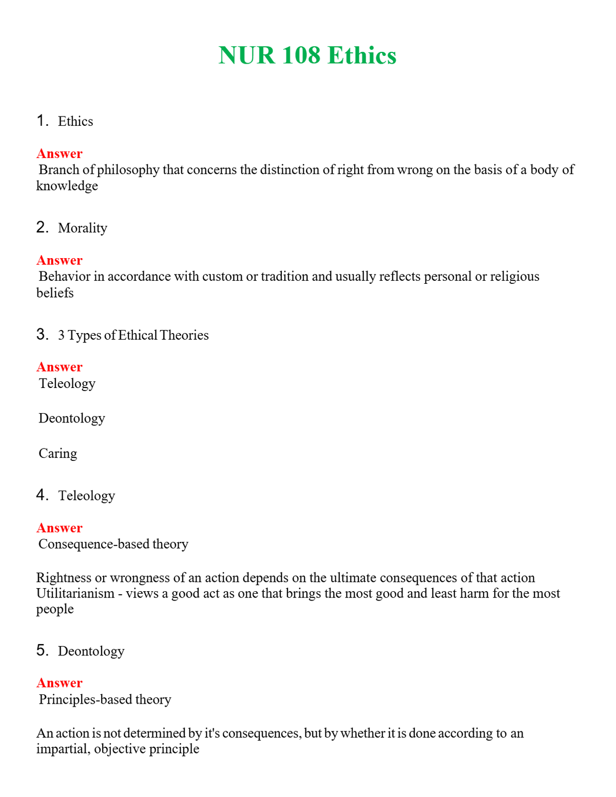 NUR 108 ETHICS | A+ RATED GUIDE | QUESTIONS AND ANSWERS (SOLVED)
