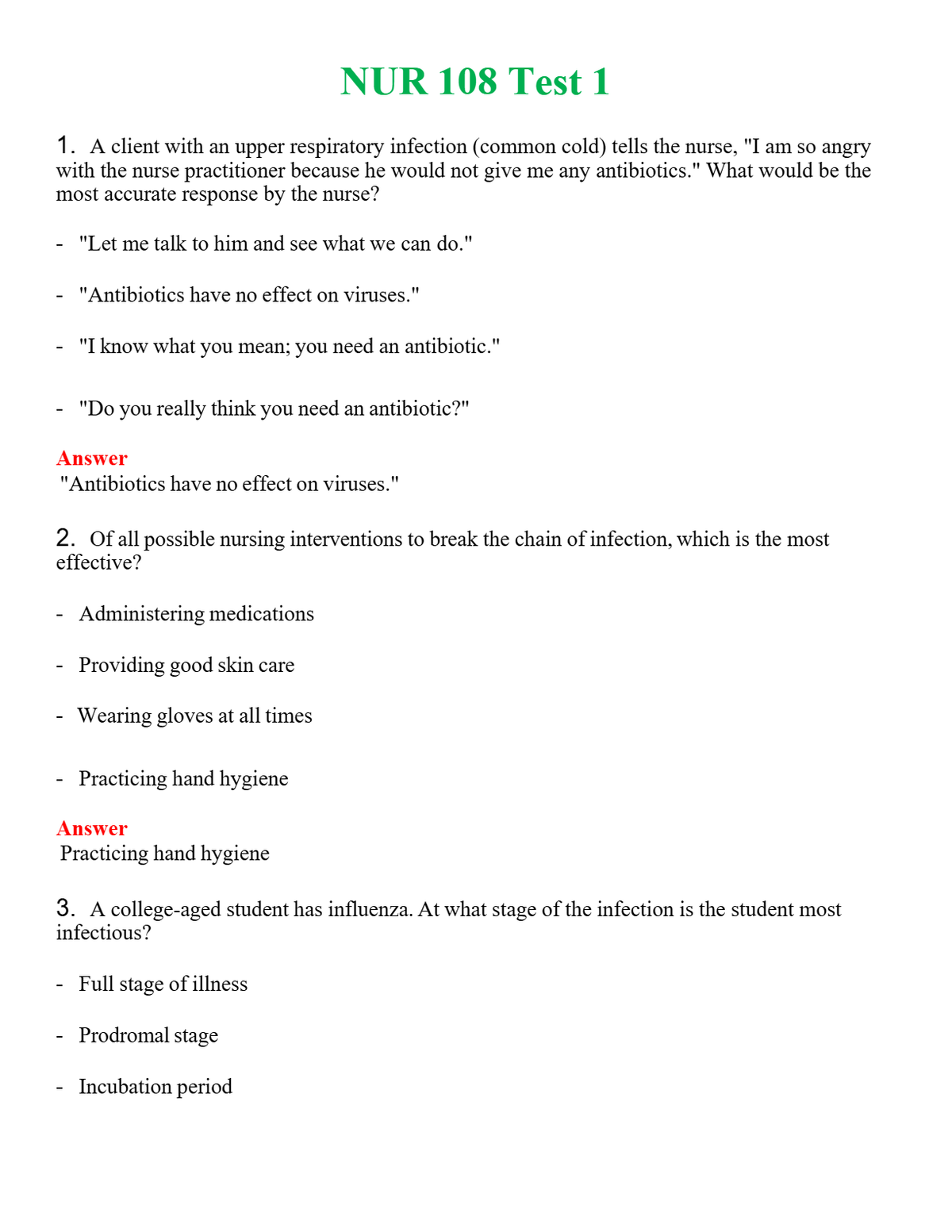 NUR 108 TEST 1 | ACTUAL QUESTIONS AND ANSWERS 100% CORRECT