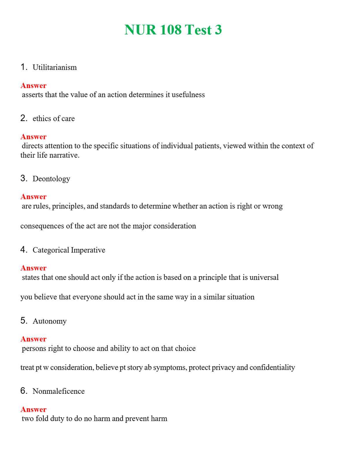NUR 108 TEST 3 | QUESTIONS AND ANSWERS INCLUDED