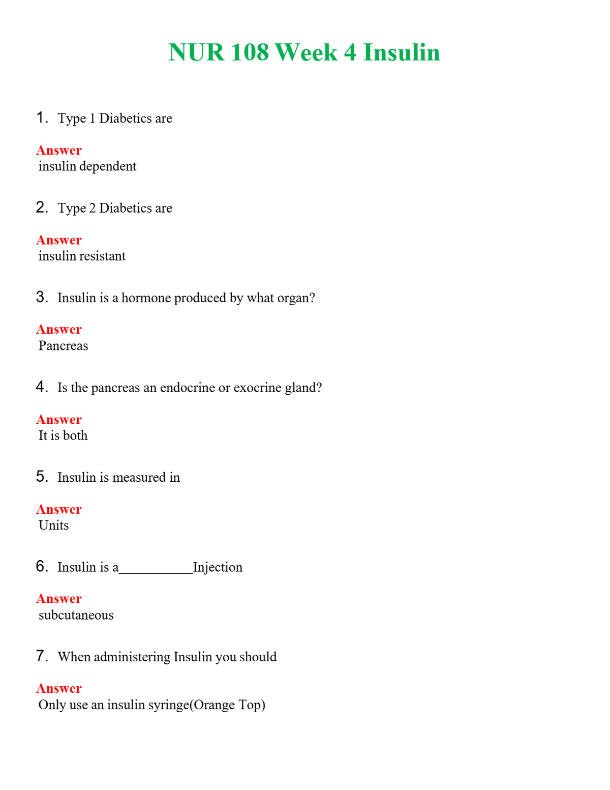 NUR 108 WEEK 4 INSULIN | COMPLETE QUESTIONS & ANSWERS (SOLVED) 100% CORRECT