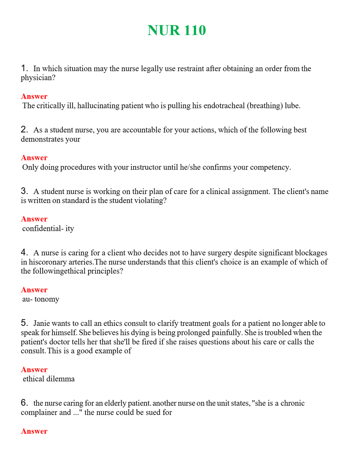 NUR 110 | ACTUAL QUESTIONS AND ANSWERS 100% CORRECT
