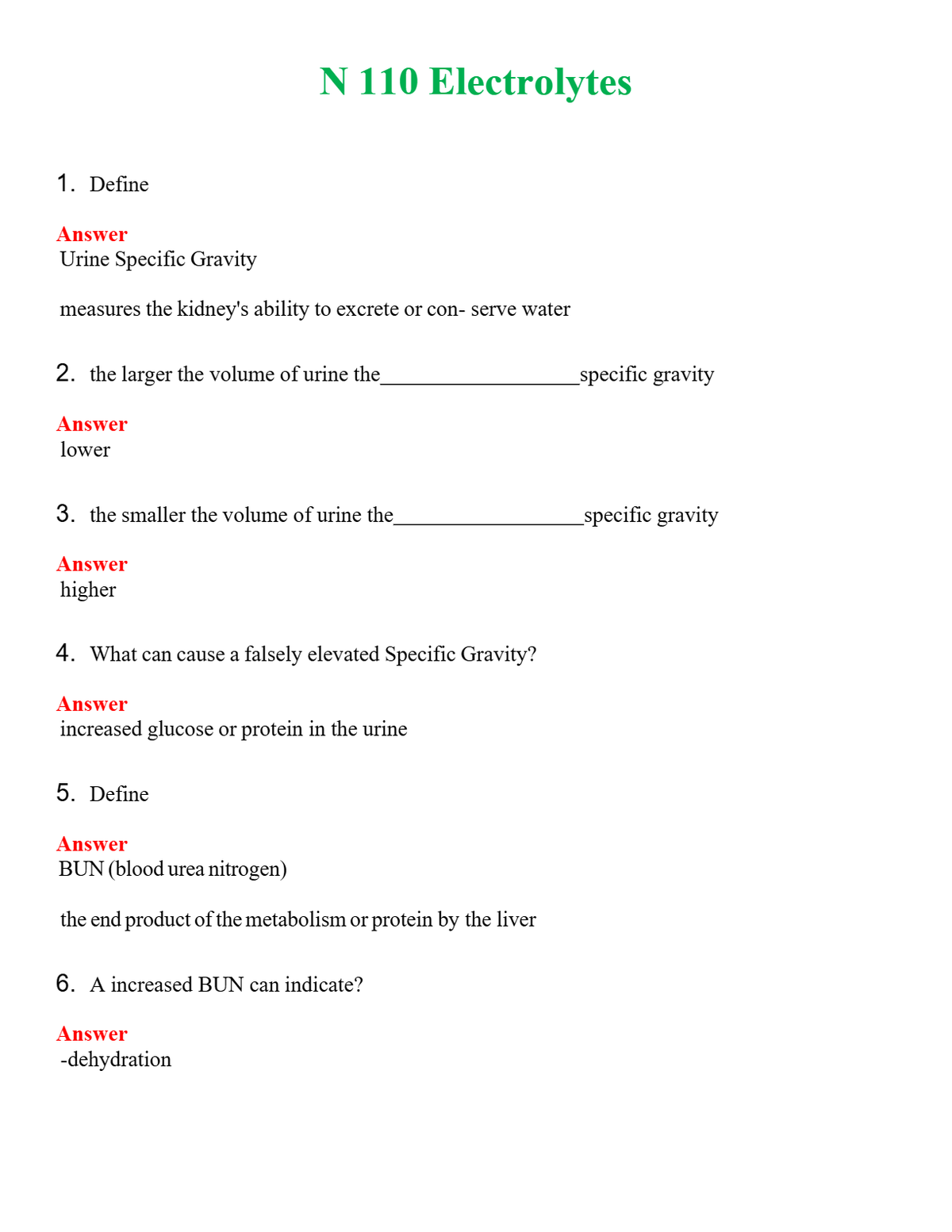 NUR 110 ELECTROLYTES | QUESTIONS AND ANSWERS INCLUDED