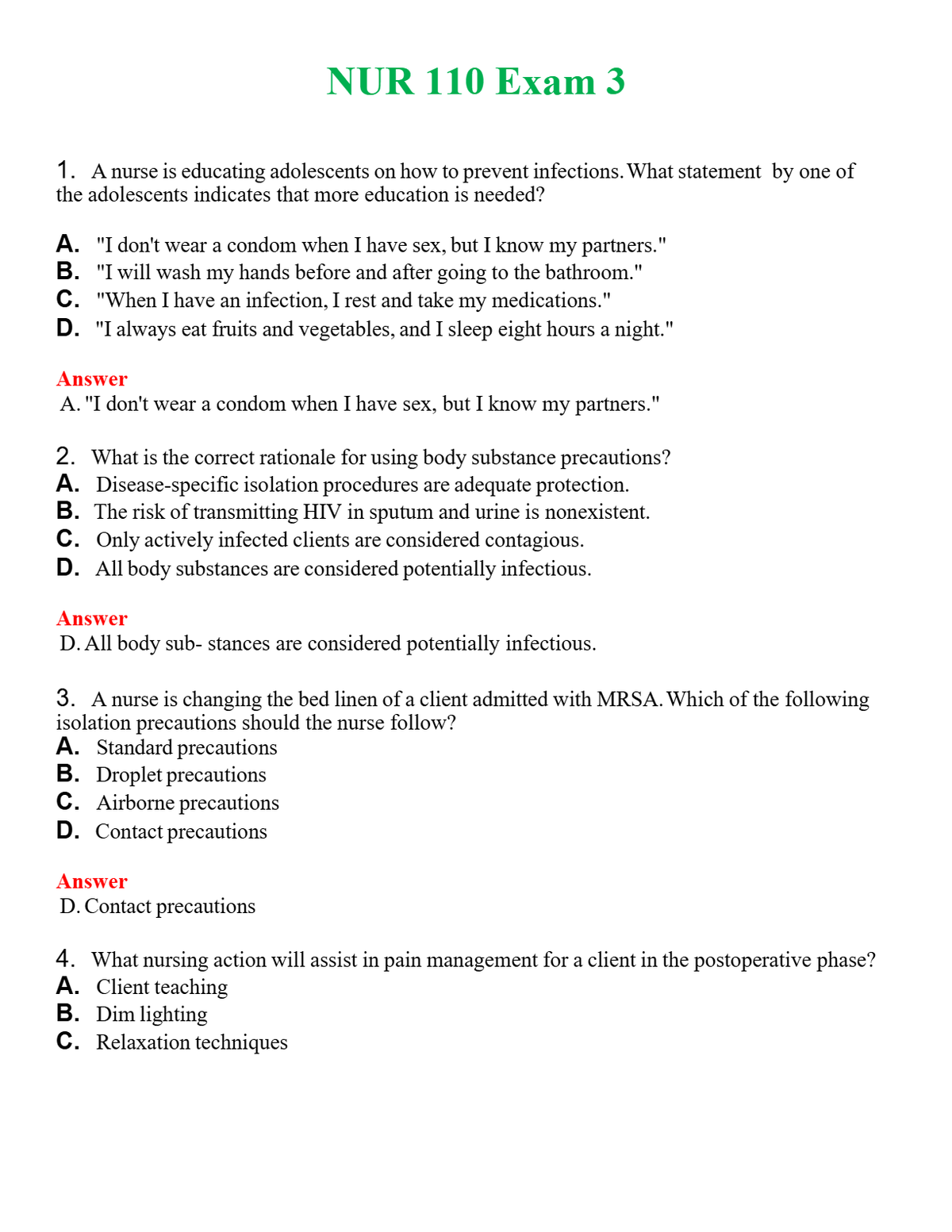 NUR 110 EXAM 3 | ACTUAL QUESTIONS AND ANSWERS 100% CORRECT