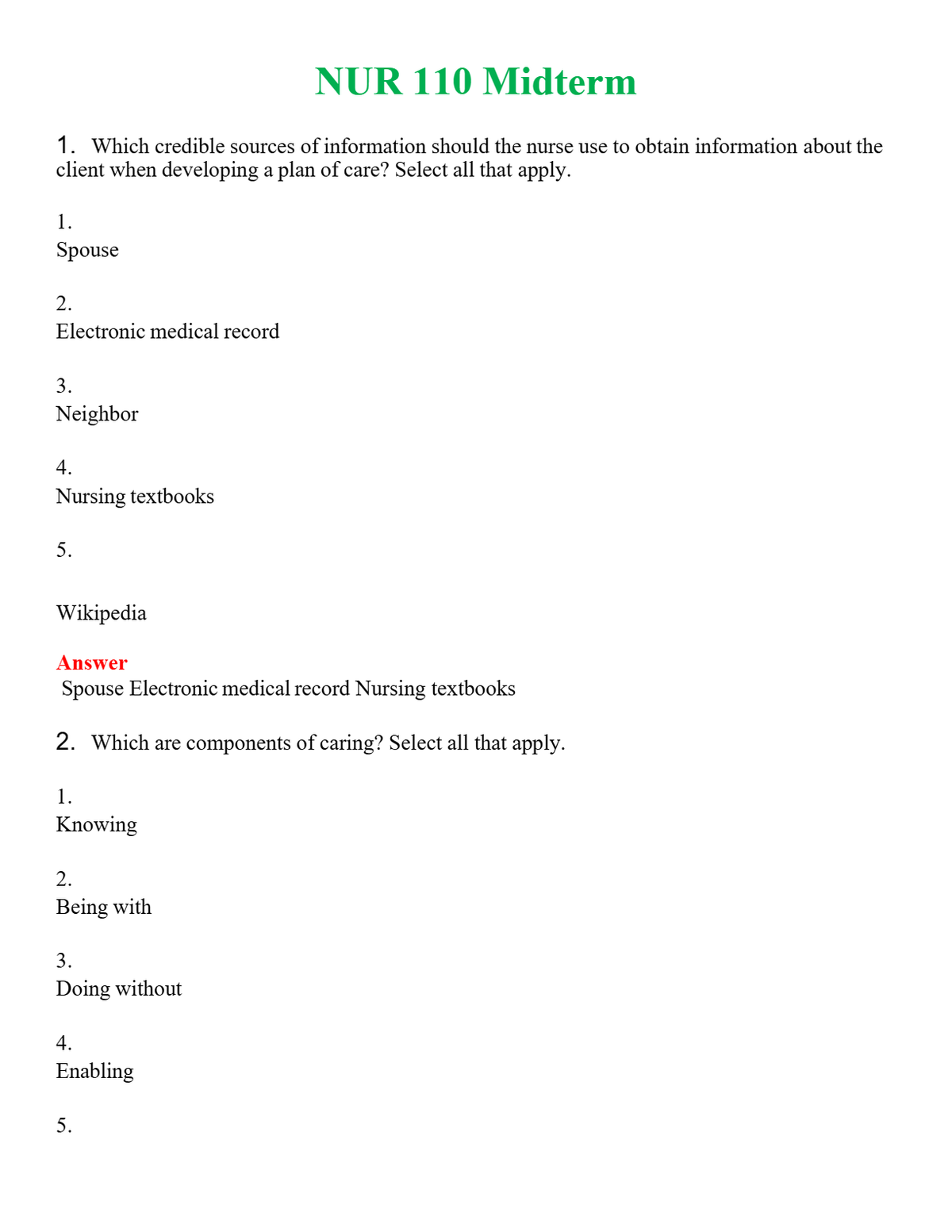 NUR 110 MIDTERM | QUESTIONS & ANSWERS (SOLVED)