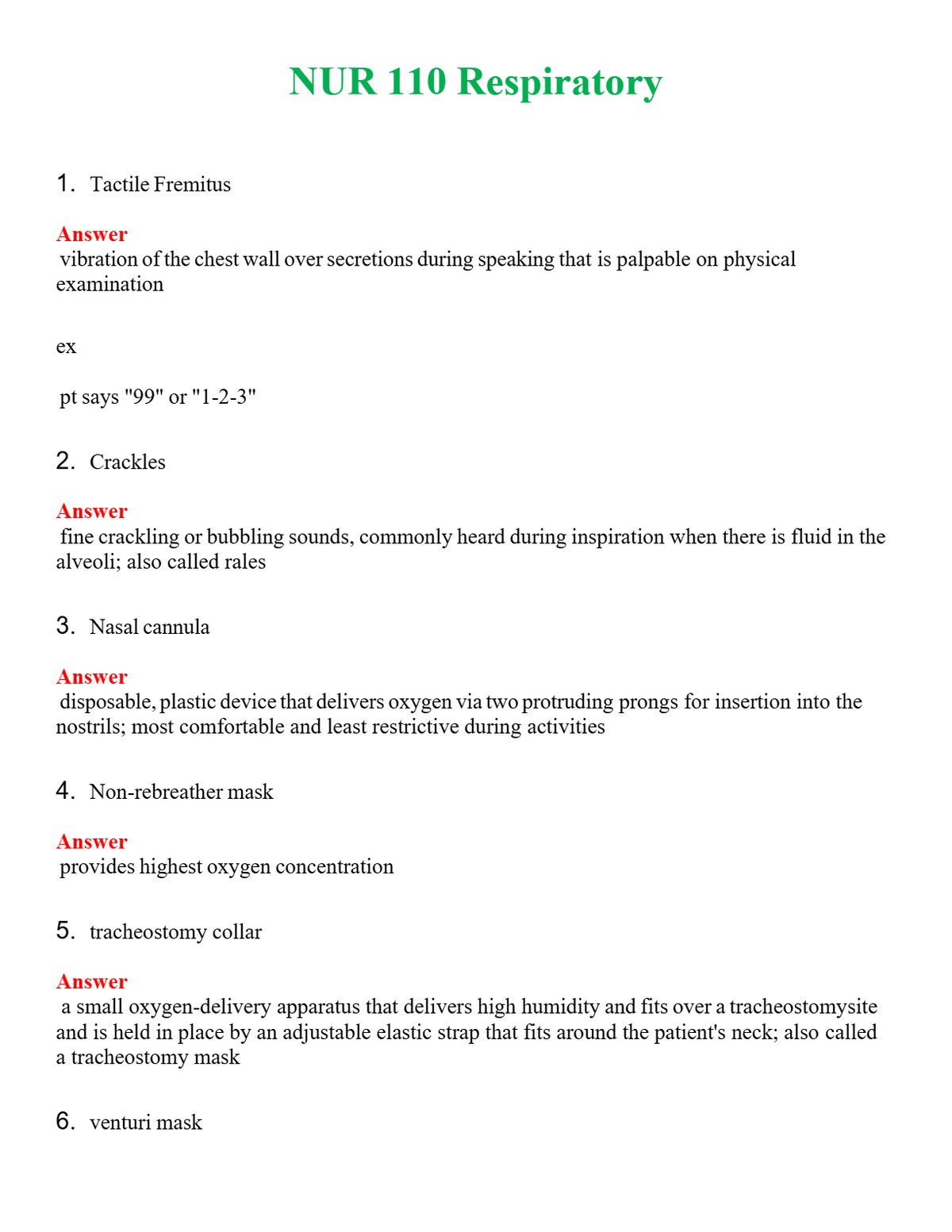 NUR 110 RESPIRATORY | LATEST QUESTIONS WITH COMPLETE GRADE A++ ANSWERS