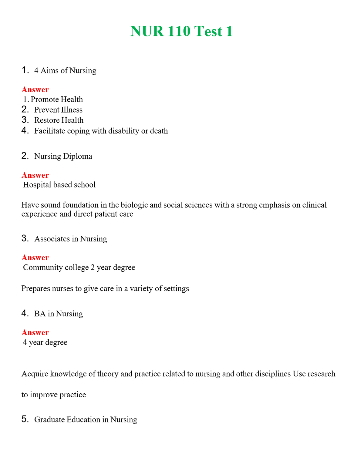 NUR 110 TEST 1 | (ACTUAL EXAM ) QUESTIONS AND ANSWERS (SOLVED)