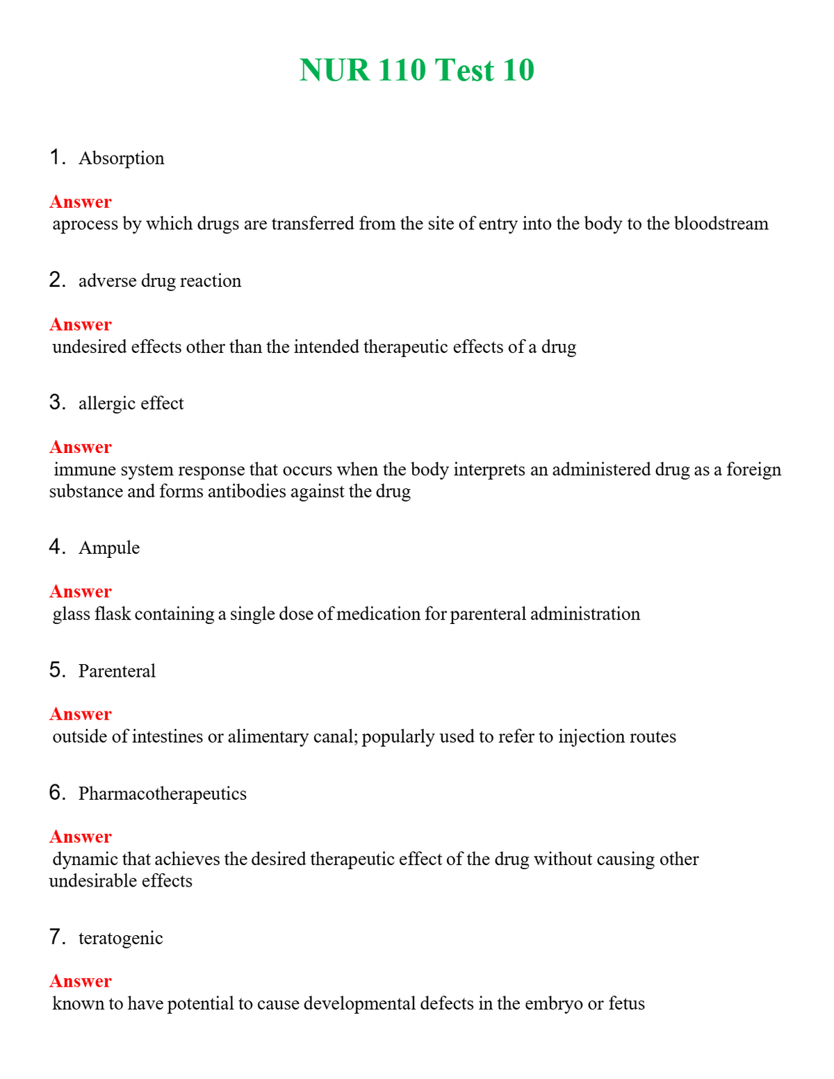 NUR 110 TEST 10 | QUESTIONS AND ANSWERS INCLUDED