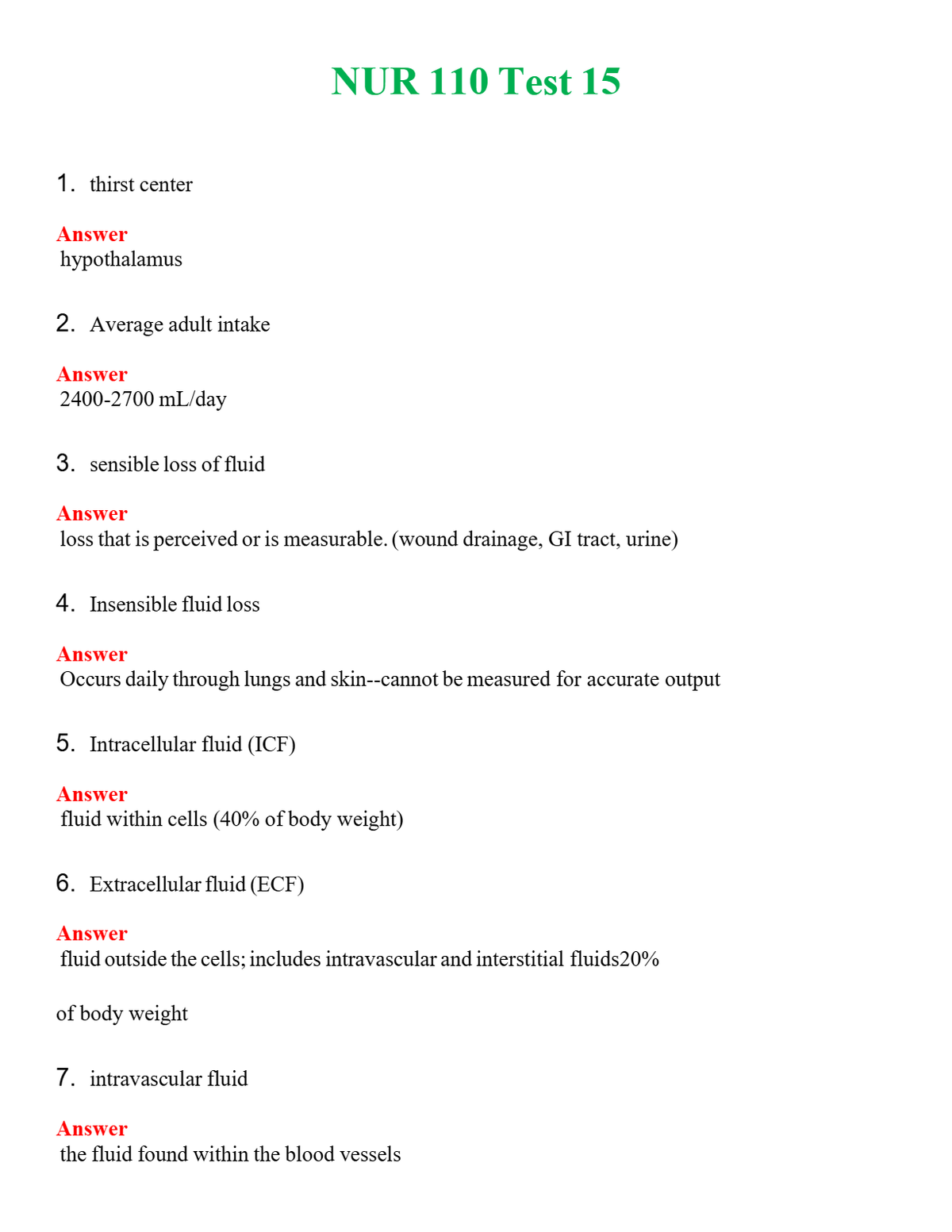 NUR 110 TEST 15 | QUESTIONS AND ANSWERS INCLUDED