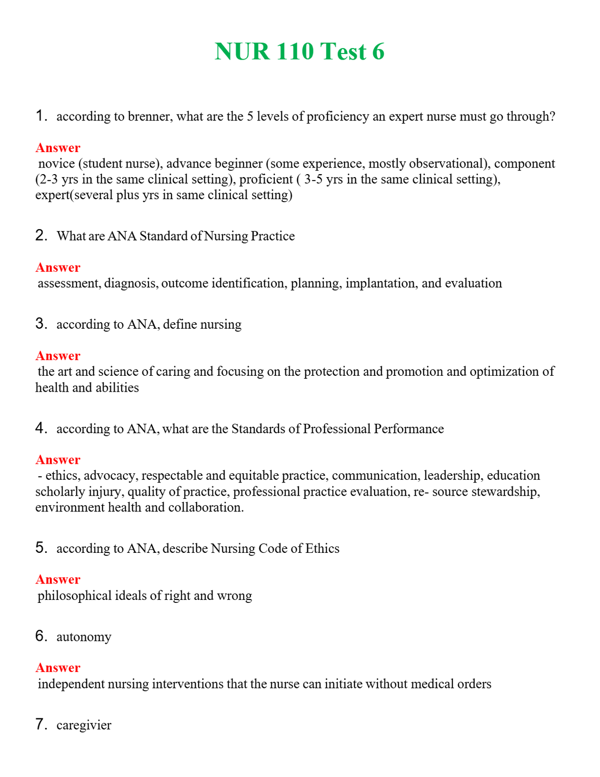 NUR 110 TEST 6 | GRADED A+ QUESTIONS AND ANSWERS (SOLVED)