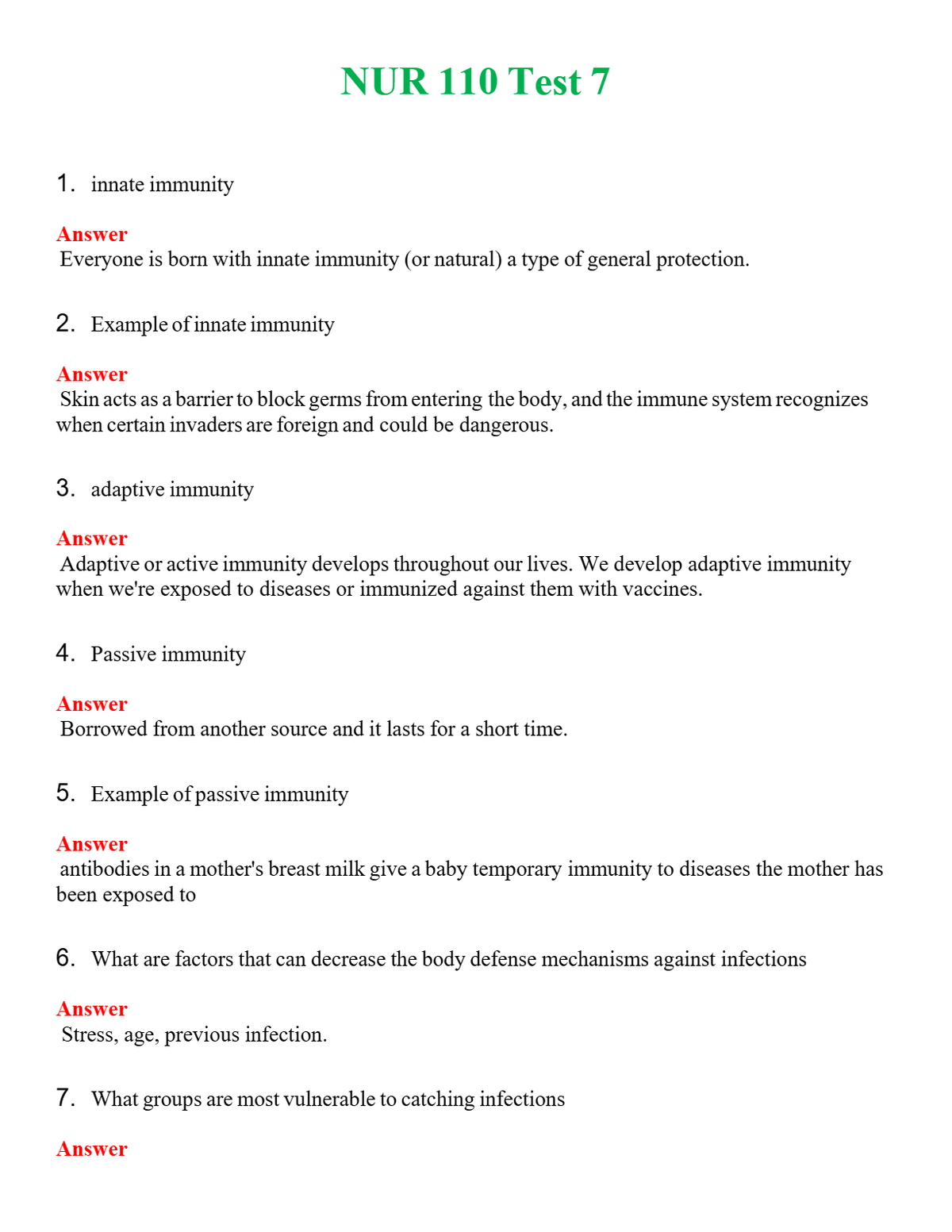 NUR 110 TEST 7 | GRADED A+ QUESTIONS & ANSWERS