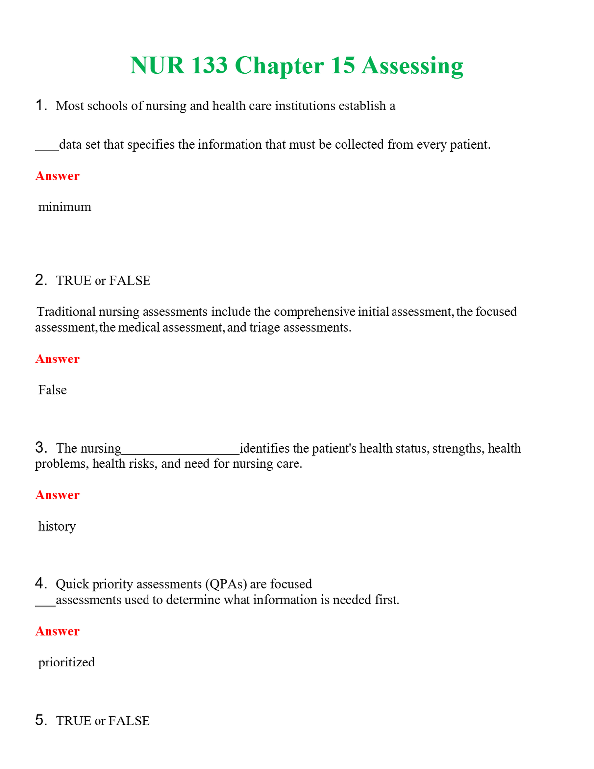 NUR 133 CHAPTER 15 ASSESSING | NEW FULL QUESTIONS AND ANSWERS 100% CORRECT