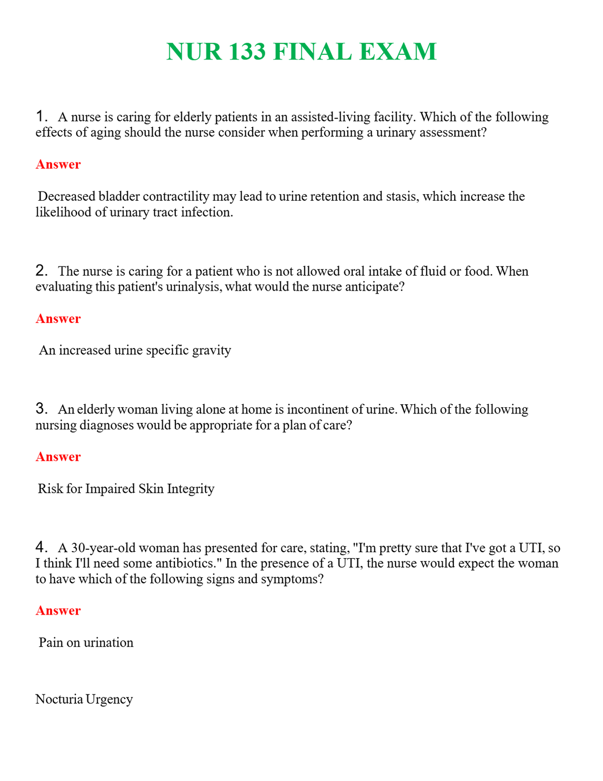 NUR 133 FINAL EXAM | QUESTIONS AND ANSWERS INCLUDED