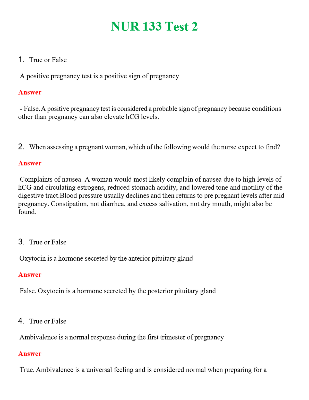 NUR 133 TEST 2 | COMPLETE QUESTIONS & ANSWERS (SOLVED) 100% CORREC