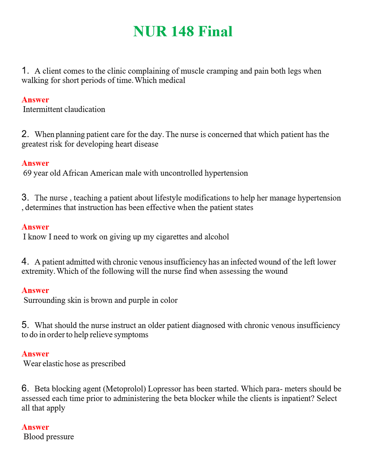 NUR 148 FINAL | GRADED A+ QUESTIONS AND ANSWERS (SOLVED)