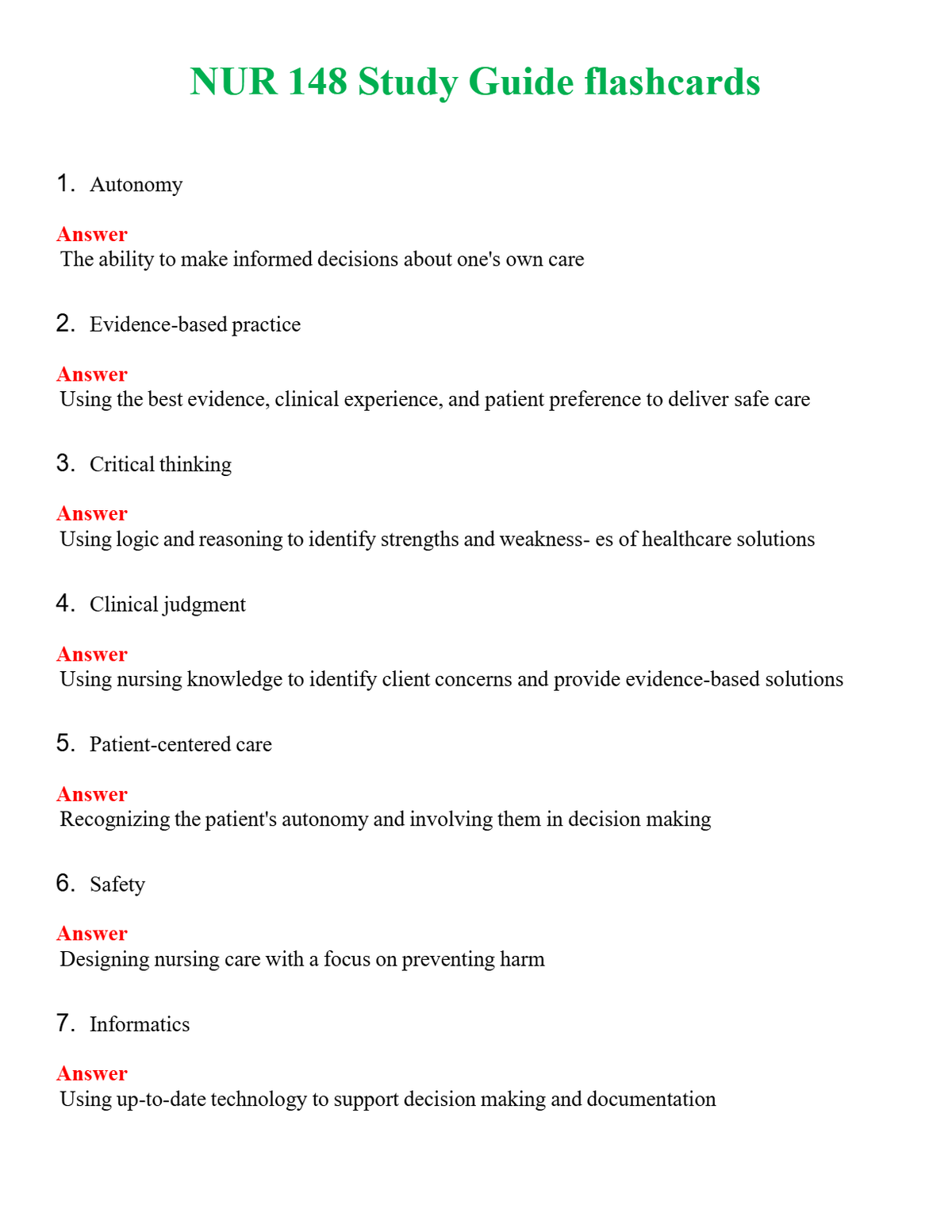 NUR 148 STUDY GUIDE FLASHCARDS | A+ RATED GUIDE | QUESTIONS AND ANSWERS (SOLVED)