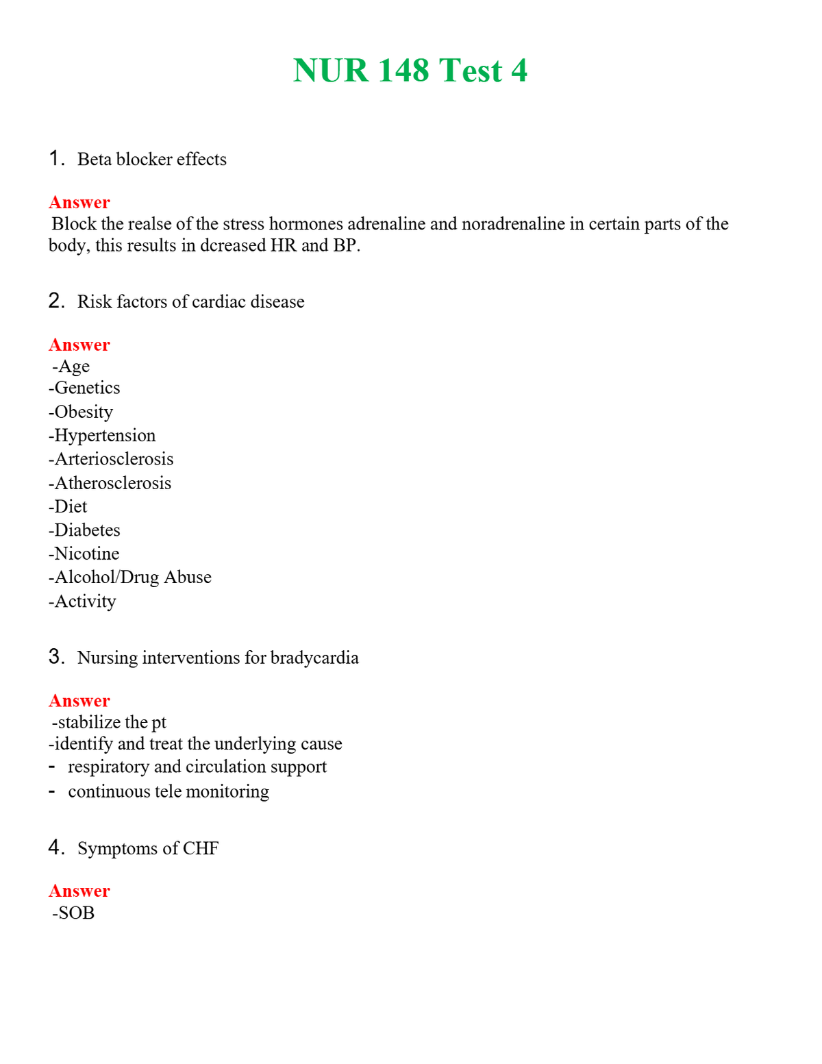 NUR 148 TEST 4 | QUESTIONS & ANSWERS (SOLVED)