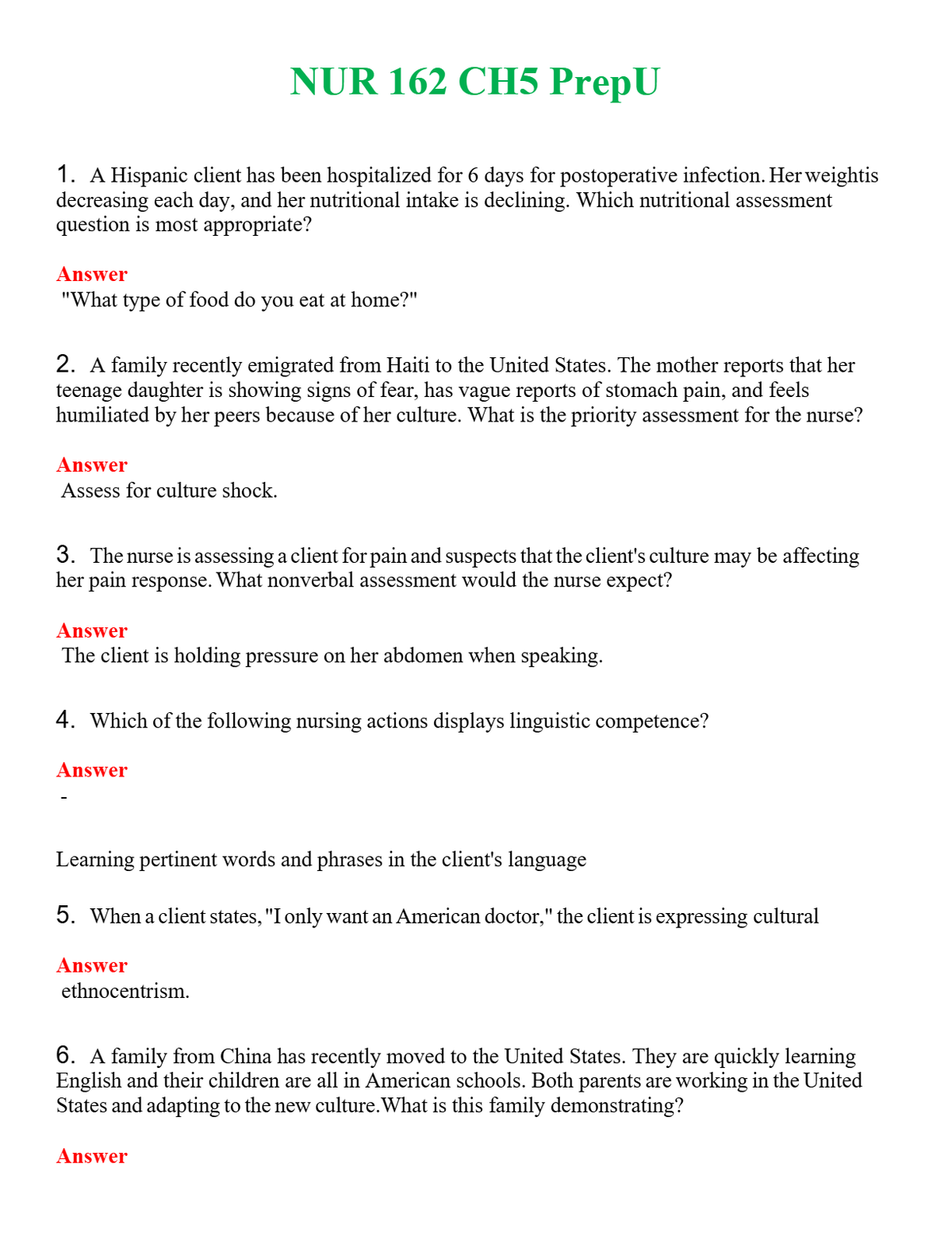 NUR 162 CH5 PREP U | A+ RATED GUIDE | QUESTIONS AND ANSWERS (SOLVED)