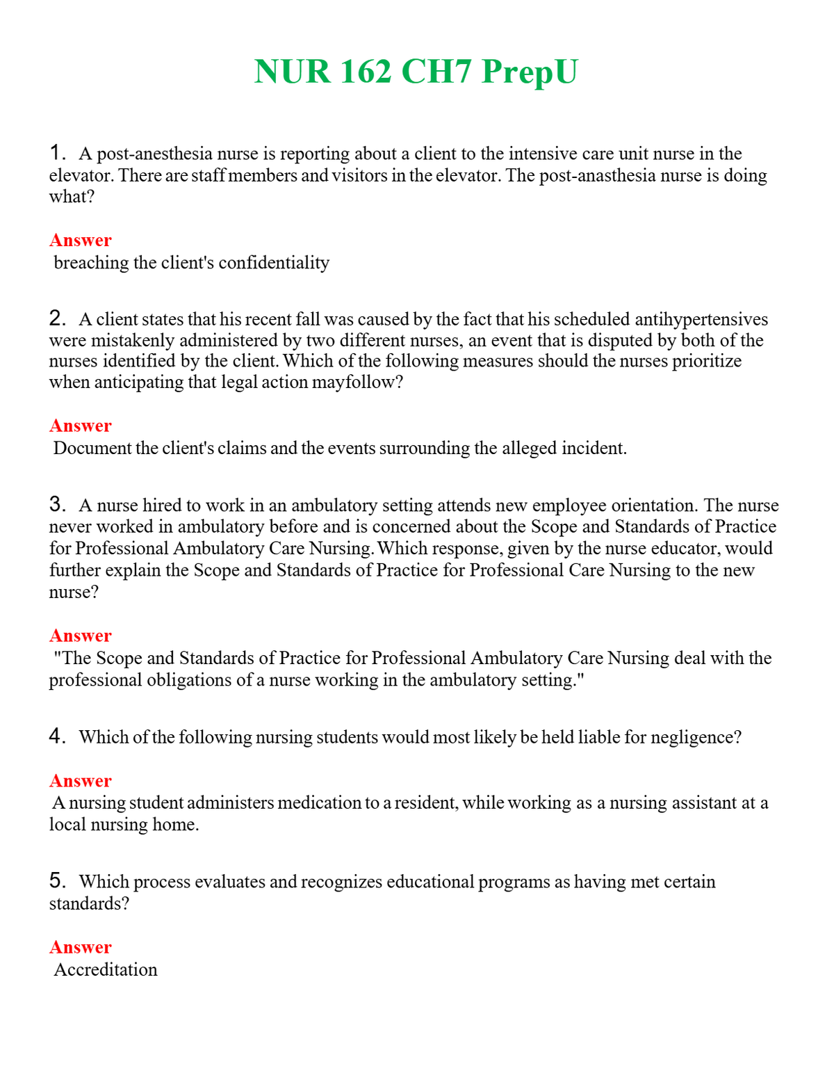 NUR 162 CH7 PREPU | WITH 100% VERIFIED ANSWERS