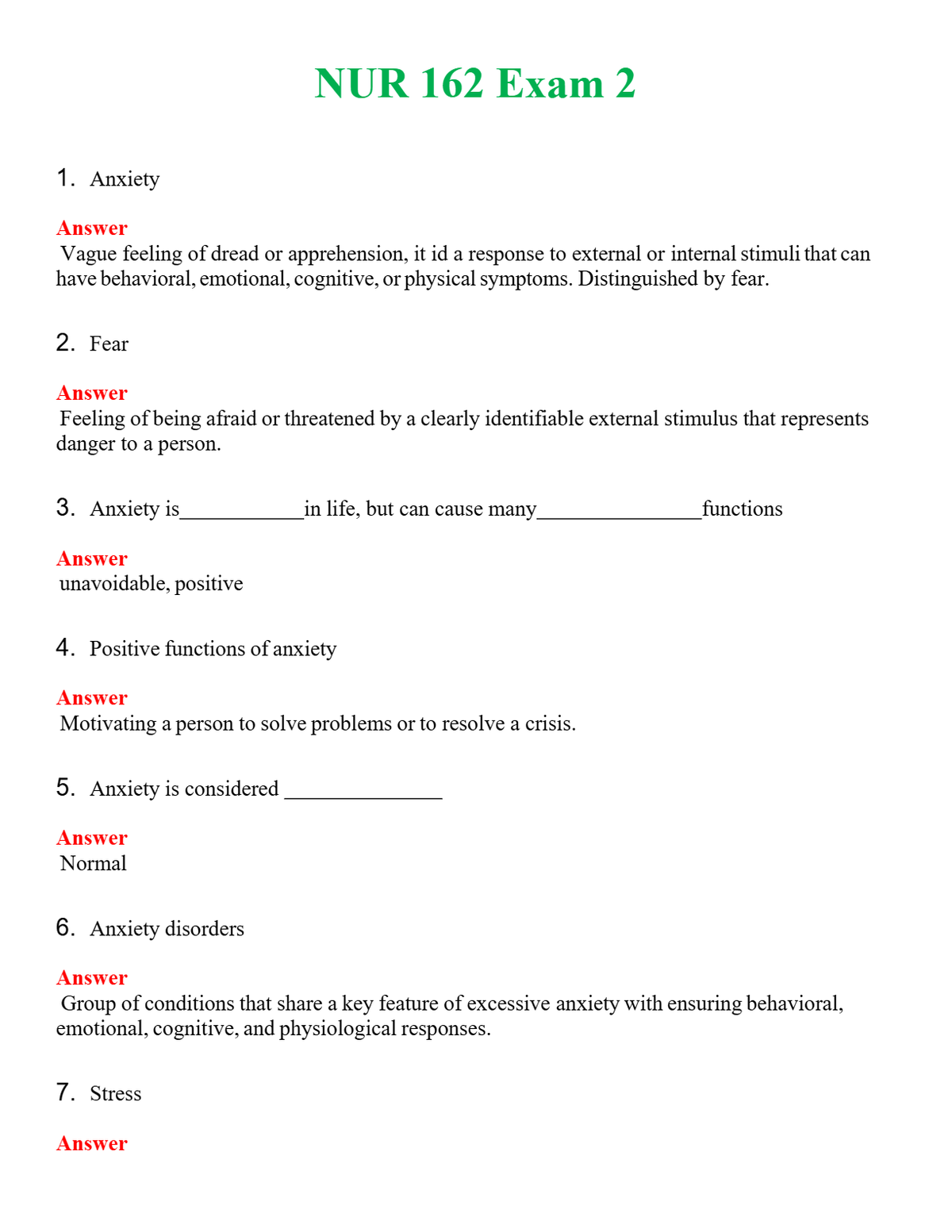 NUR 162 EXAM 2 | WITH 100% VERIFIED ANSWERS