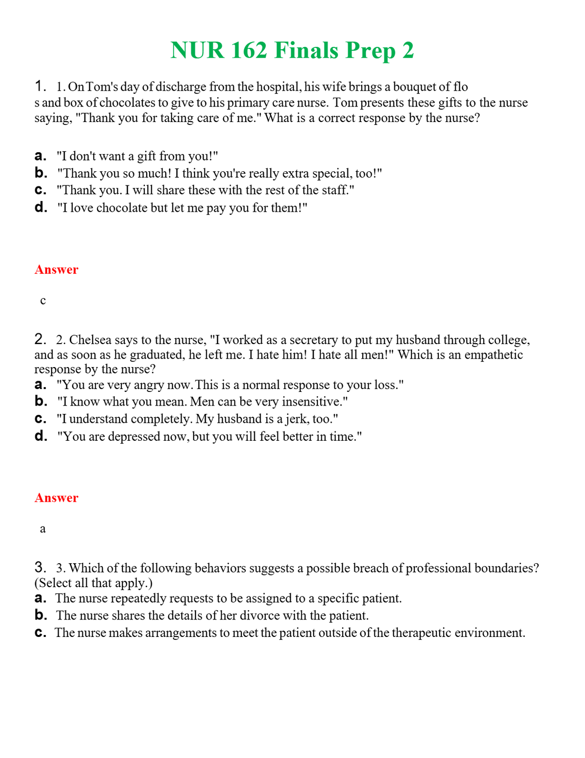 NUR 162 FINALS PREP 2 | QUESTIONS AND ANSWERS INCLUDED