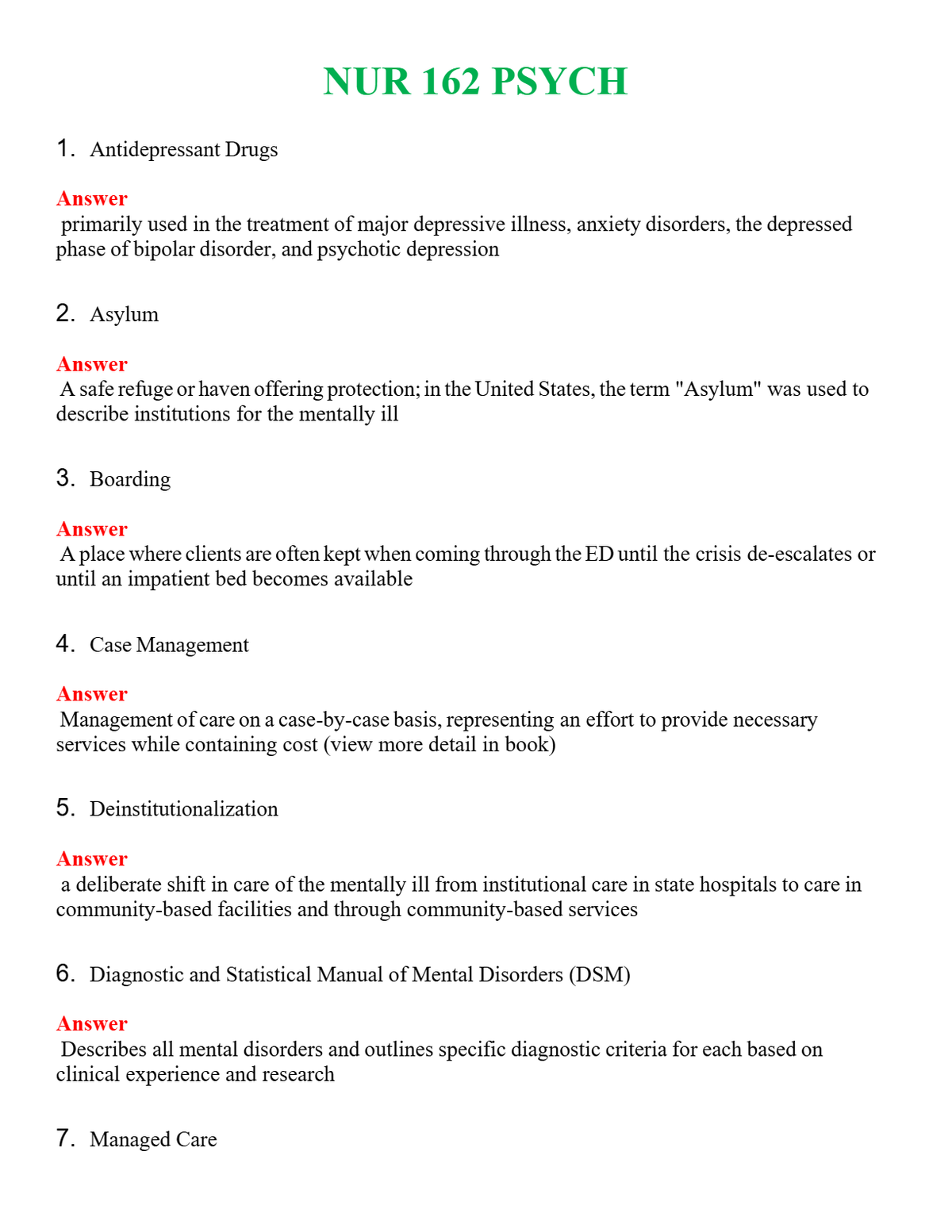 NUR 162 PSYCH | LATEST QUESTIONS WITH COMPLETE GRADE A++ ANSWERS