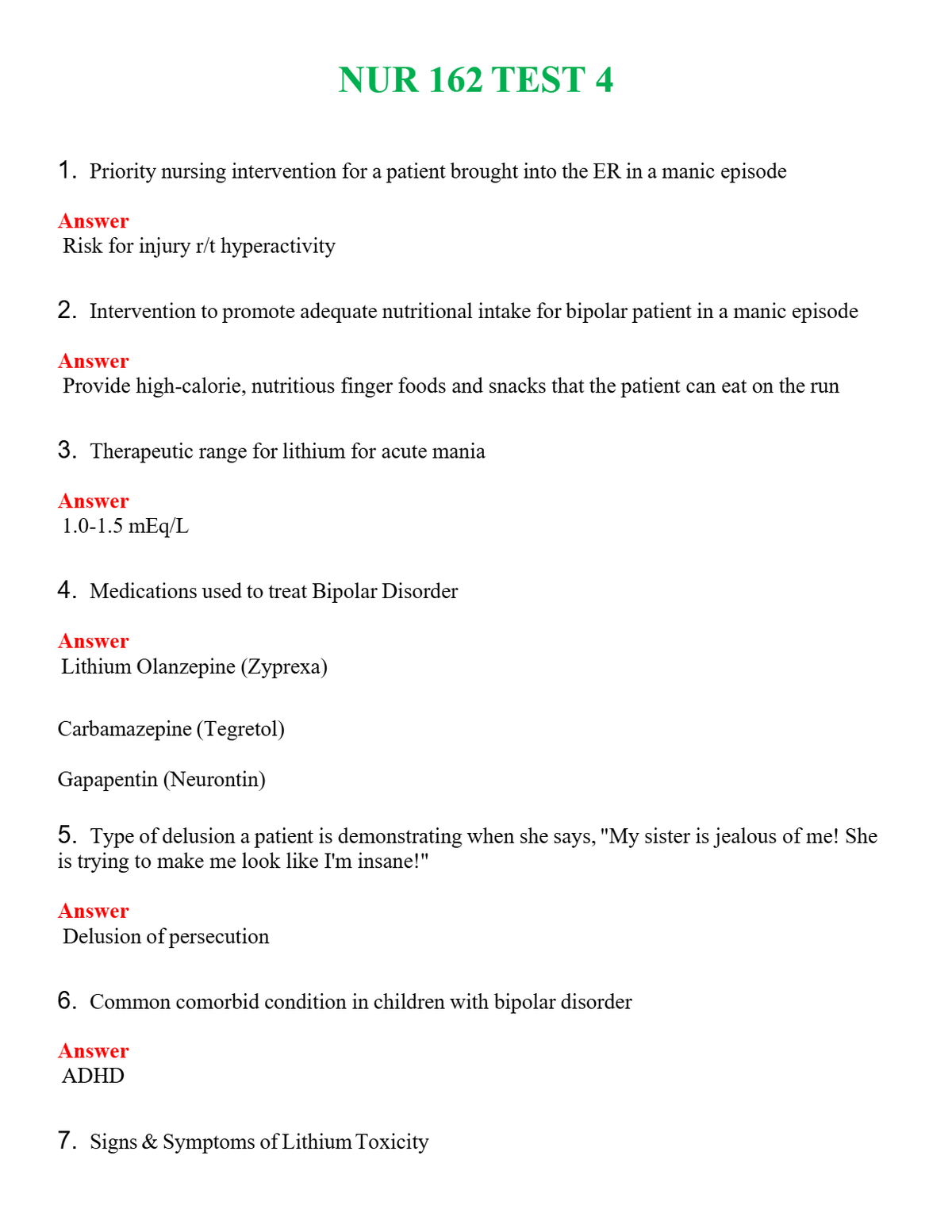 NUR 162 TEST 4 | ACTUAL QUESTIONS AND ANSWERS 100% CORRECT