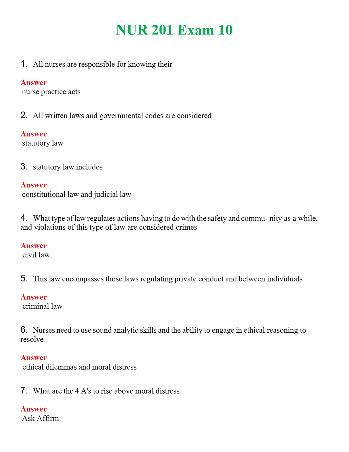 NUR 201 EXAM 10 | QUESTIONS & ANSWERS (SOLVED)