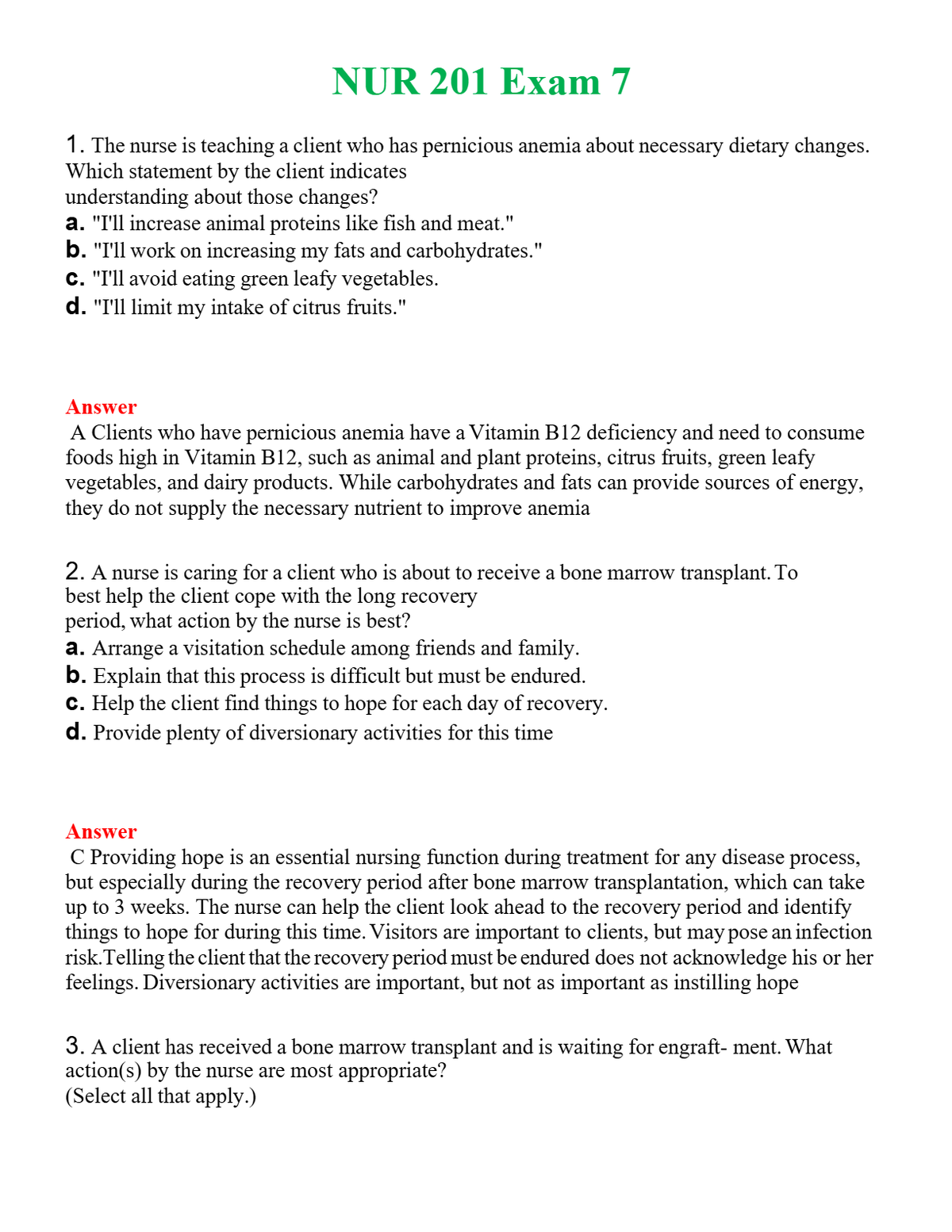 NUR 201 EXAM 7 | QUESTIONS & ANSWERS (SOLVED)