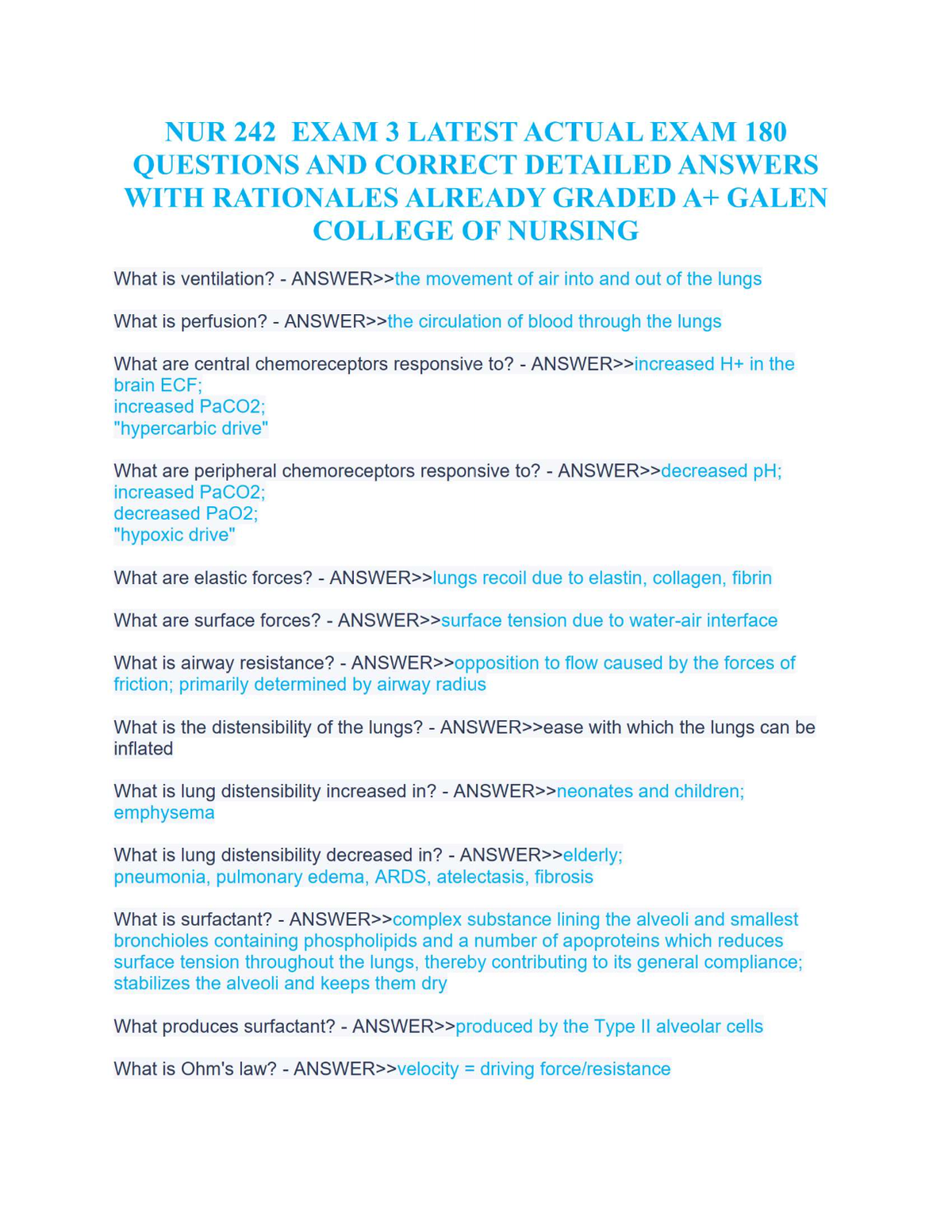 NUR 242 Exam 3 – 180 Actual Questions with Correct Answers & Rationales (Galen College of Nursing, 2025 Update)