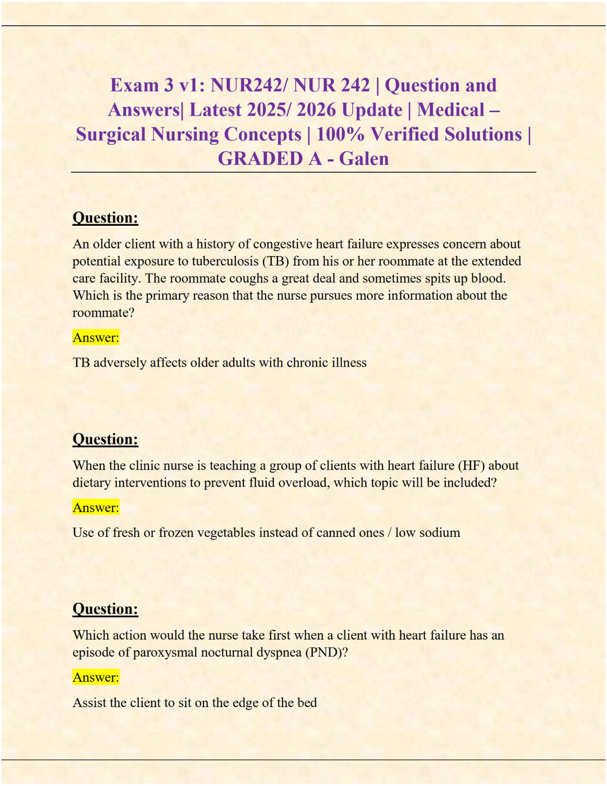NUR 242 Exam 3 (Version 1) – Verified Questions & Answers with Solutions (Galen College of Nursing, 2025/2026 Update)