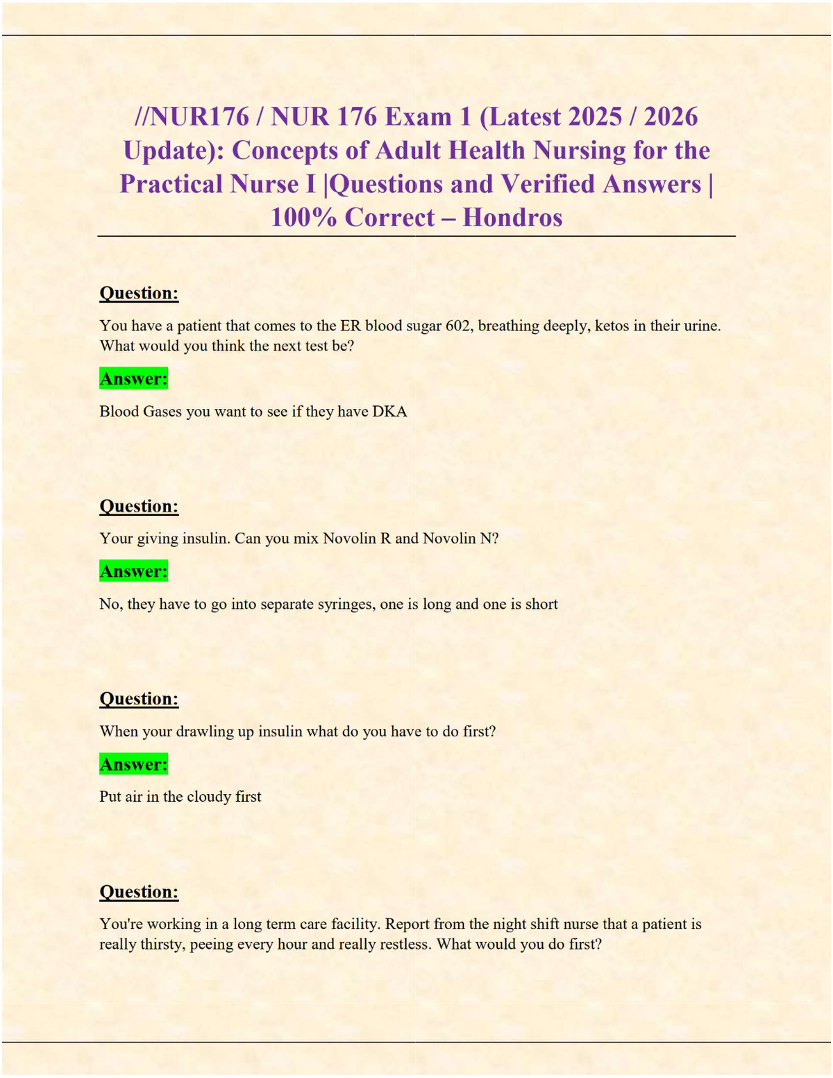 NUR176 Exam 1 | Adult Health Nursing Concepts | Verified Questions & 100% Correct Answers (Hondros 2025/2026)