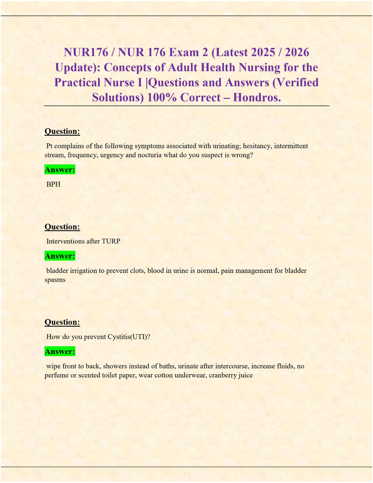 NUR176 Exam 2 | Adult Health Nursing Concepts | Verified Questions & 100% Correct Answers (Hondros 2025/2026)