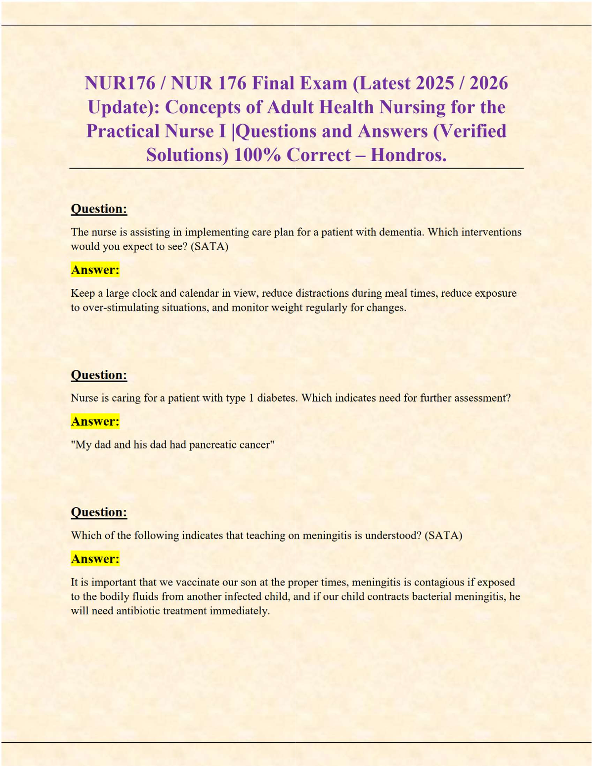 NUR176 Final Exam | Adult Health Nursing Concepts | Verified Questions & 100% Correct Solutions (Hondros 2025/2026)
