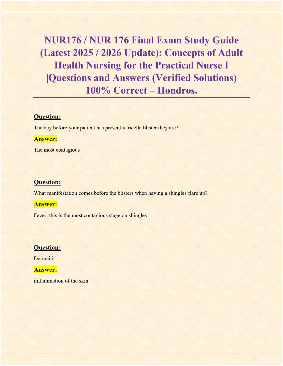 NUR176 Final Exam Study Guide | Adult Health Nursing Concepts | Verified Questions & 100% Correct Answers (Hondros 2025/2026)