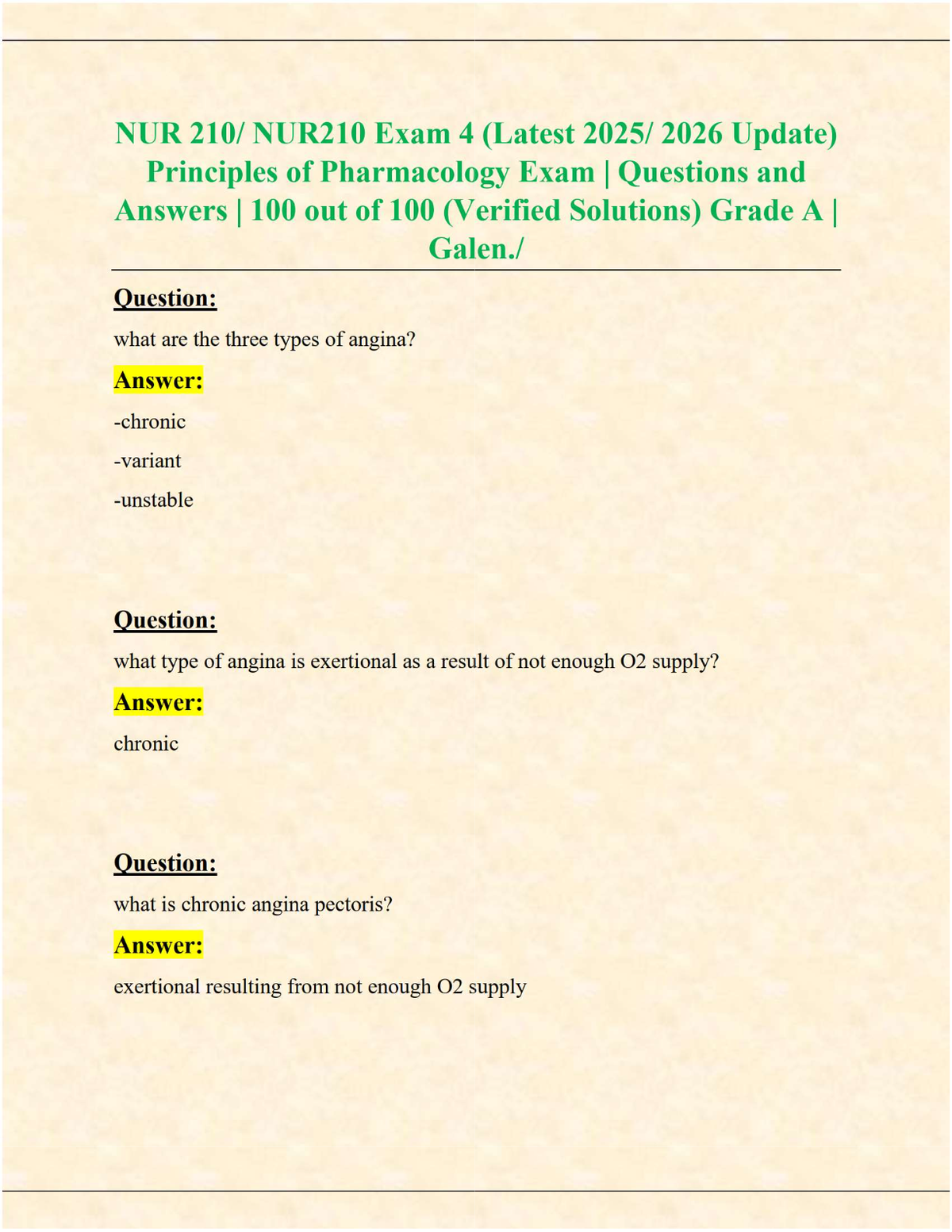 NUR210 Exam 4 | Principles of Pharmacology | Verified Questions & 100% Correct Answers (Galen 2025/2026)