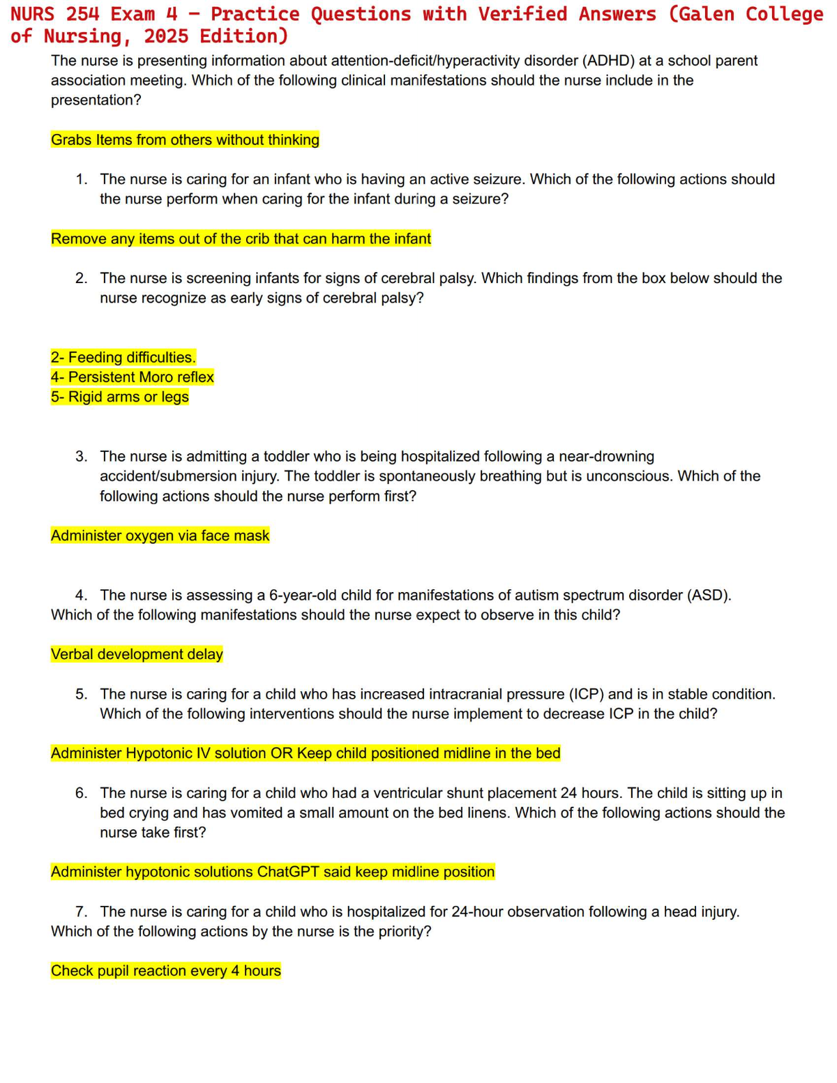 NURS 254 Exam 4 – Practice Questions with Verified Answers (Galen College of Nursing, 2025 Edition)